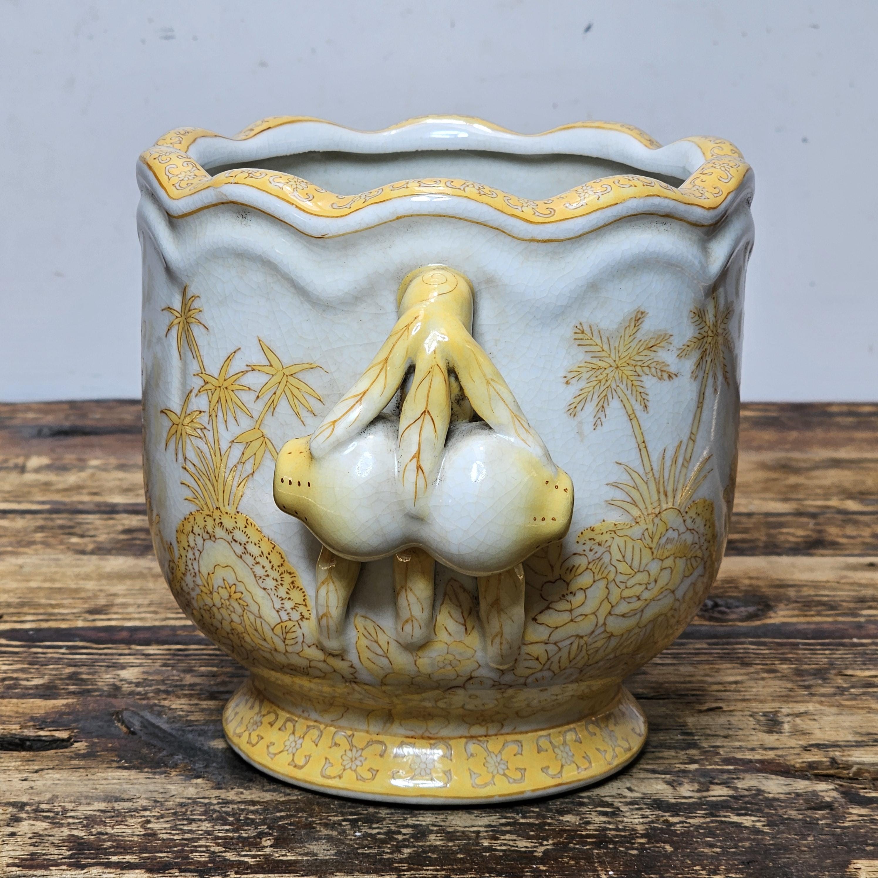 Yellow Decorated Porcelain Vase with Fruit Handles in Qianlong Style 6"H