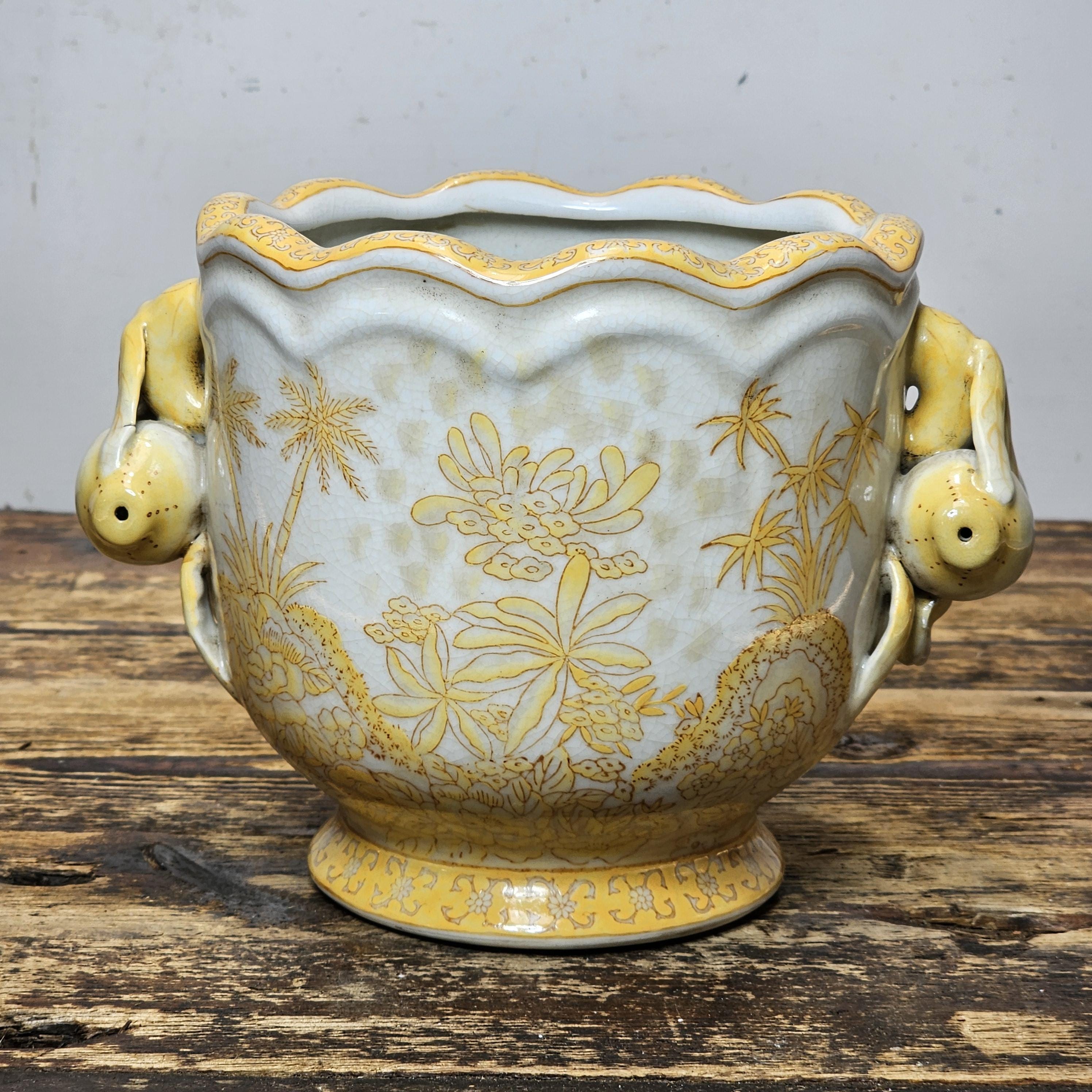 Yellow Decorated Porcelain Vase with Fruit Handles in Qianlong Style 6"H