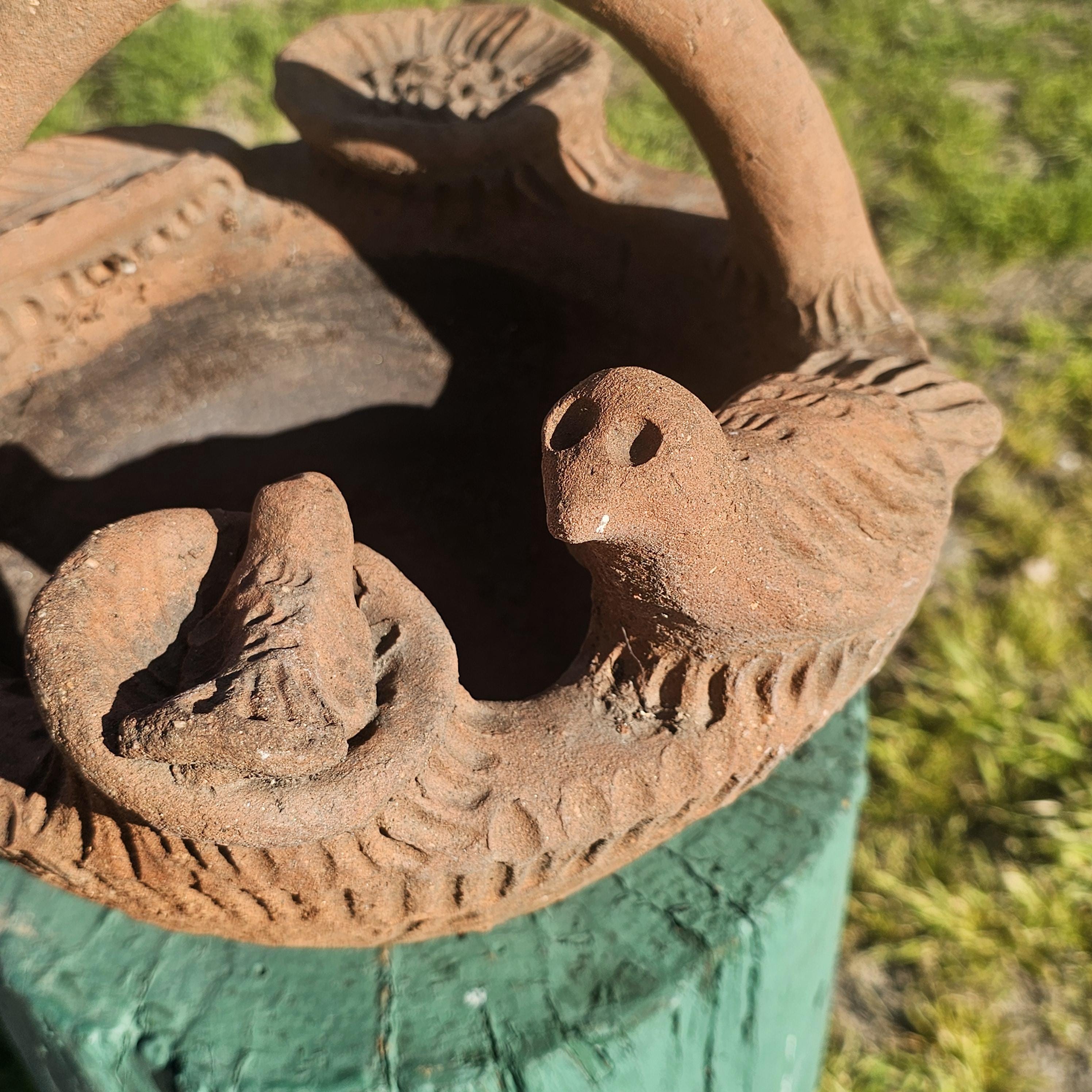 Mexican Folk Art Terracotta Bird Motif Basket Planter