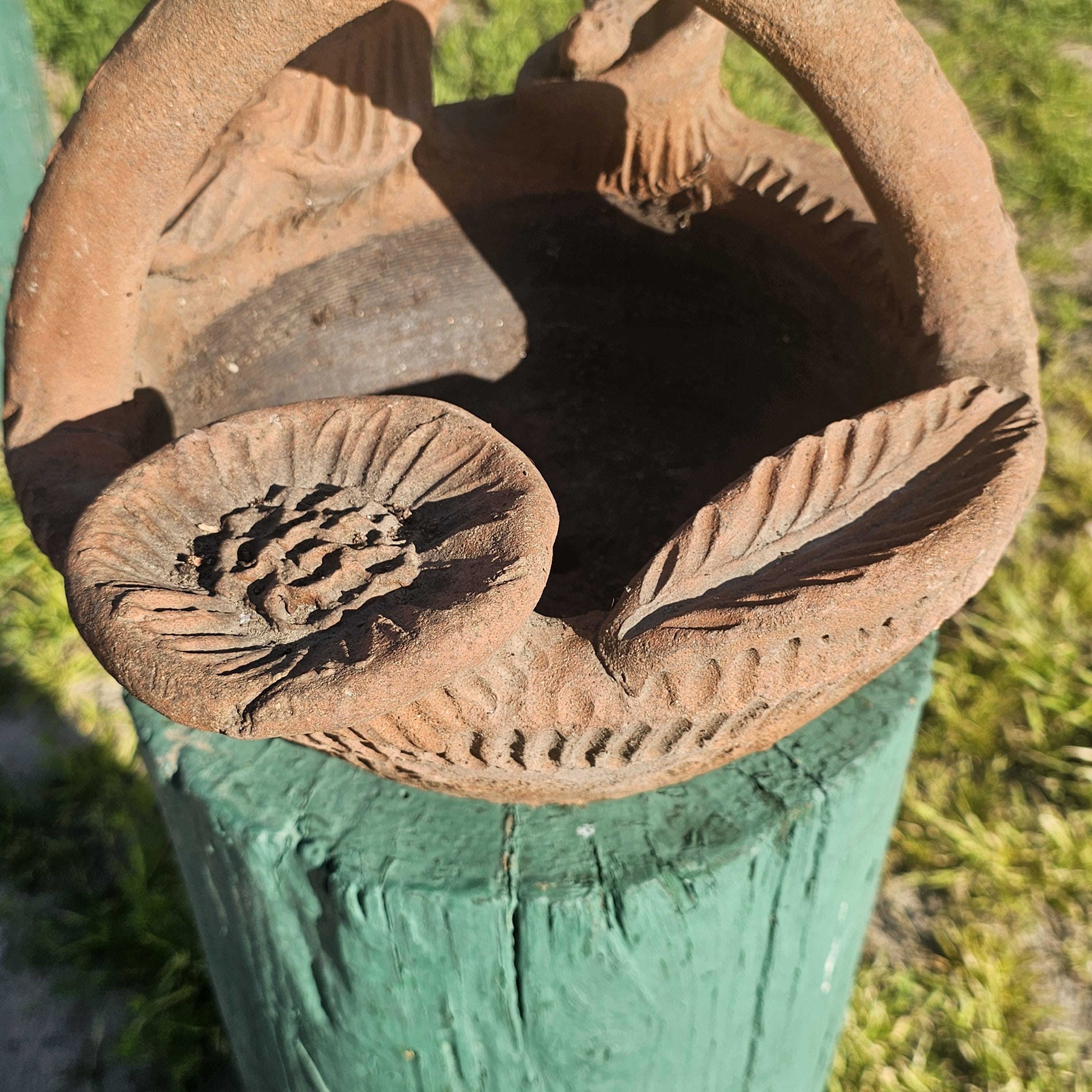 Mexican Folk Art Terracotta Bird Motif Basket Planter