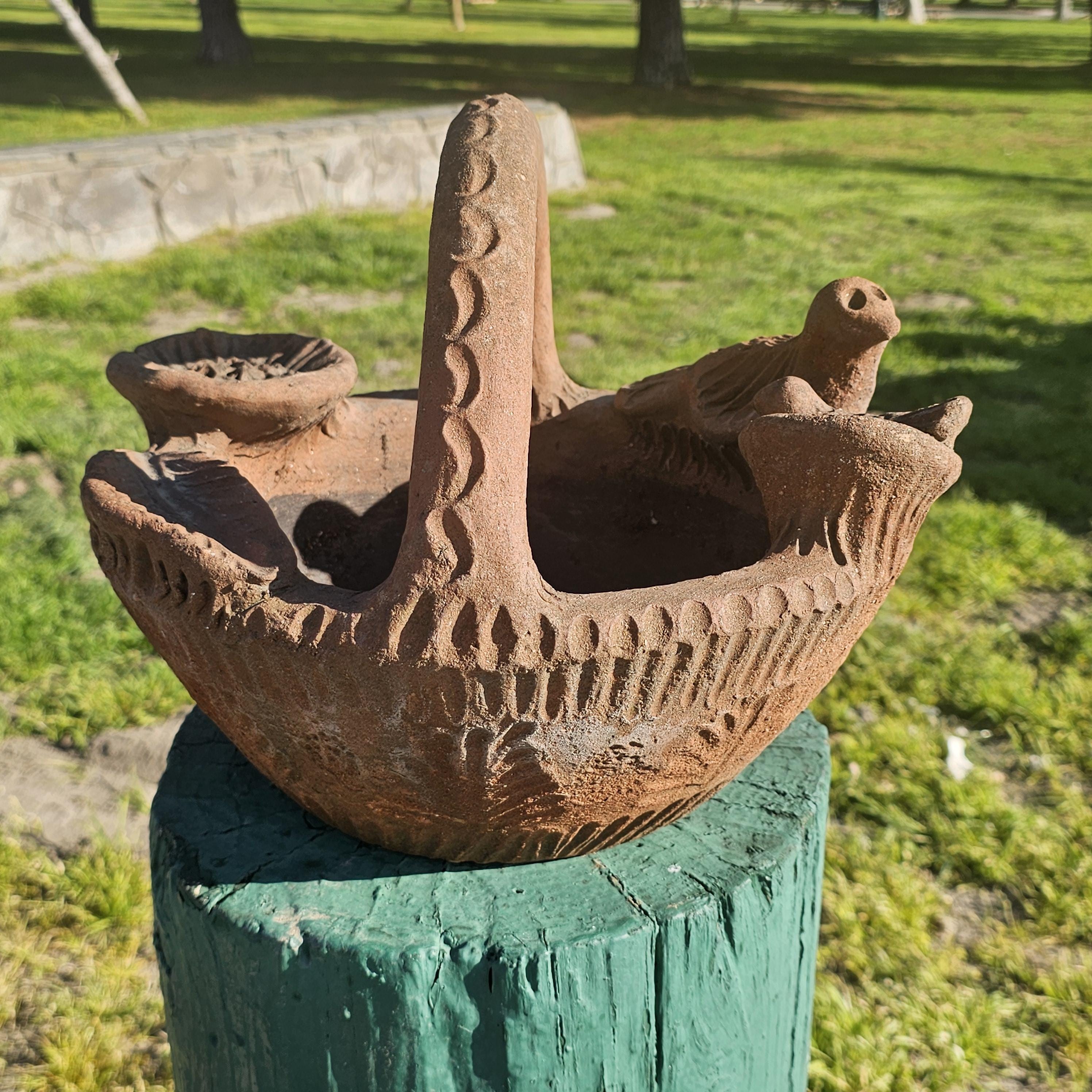 Mexican Folk Art Terracotta Bird Motif Basket Planter