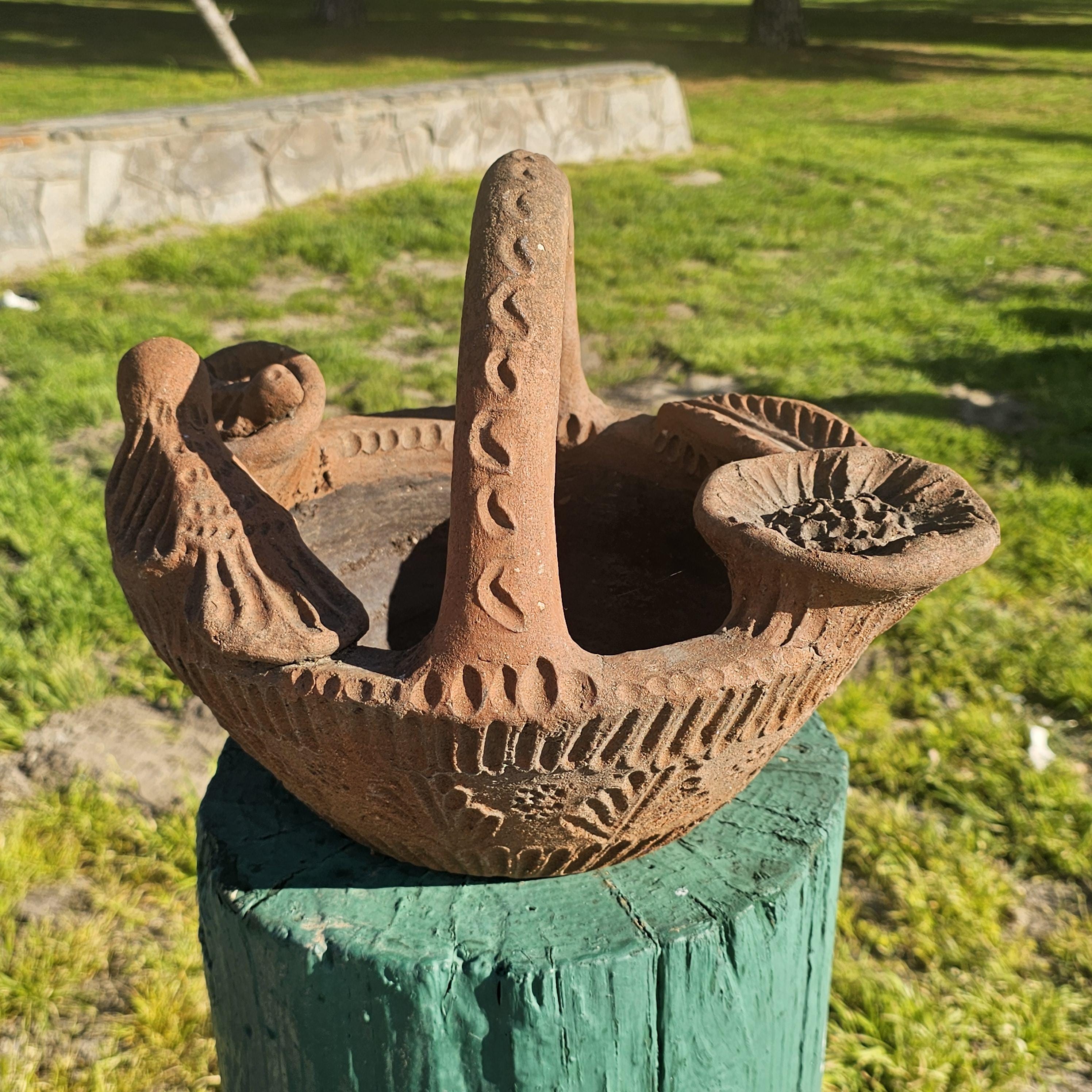 Mexican Folk Art Terracotta Bird Motif Basket Planter