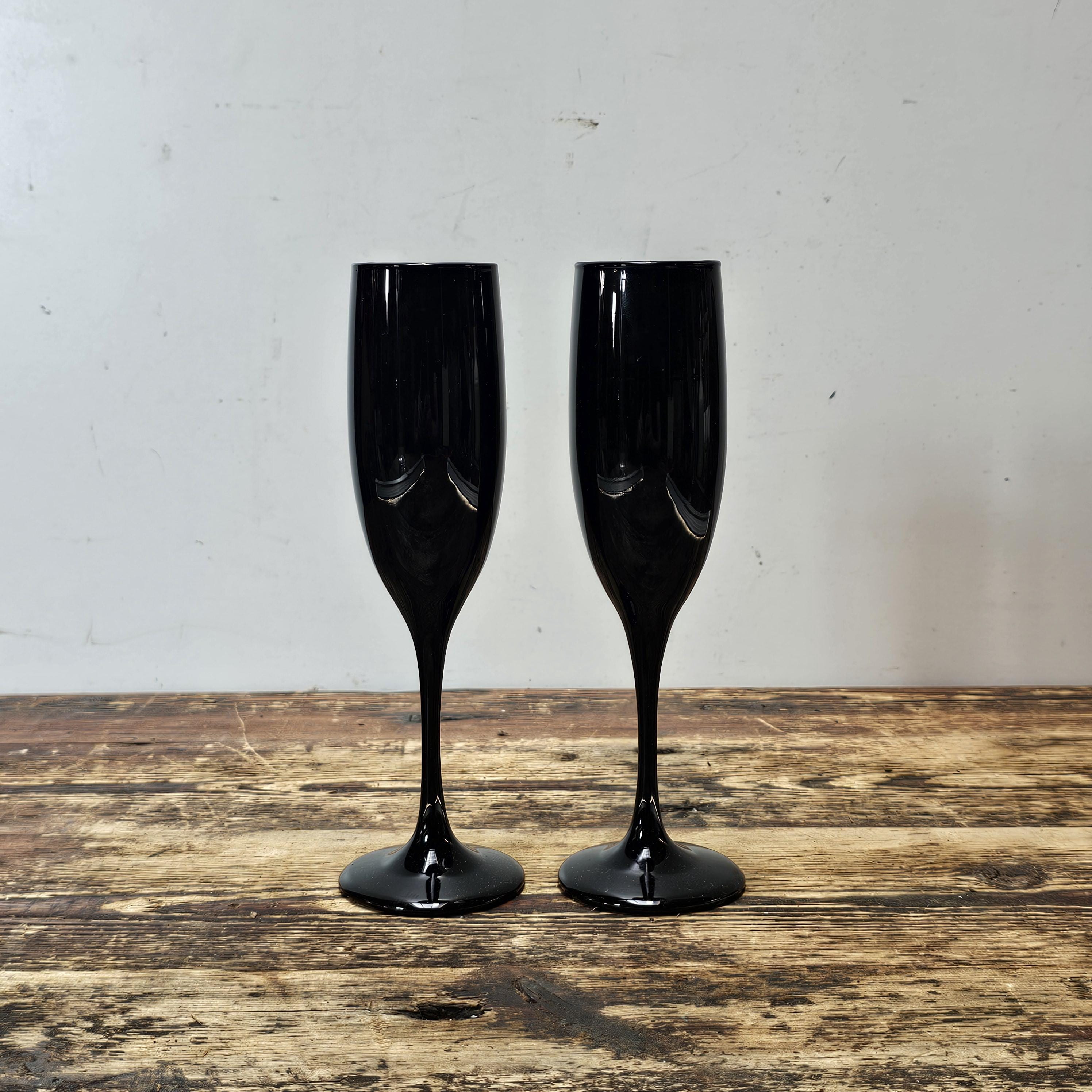 Set of 2 Vintage Black Amethyst Glass Libbey Premiere Champagne Flutes 9"H
