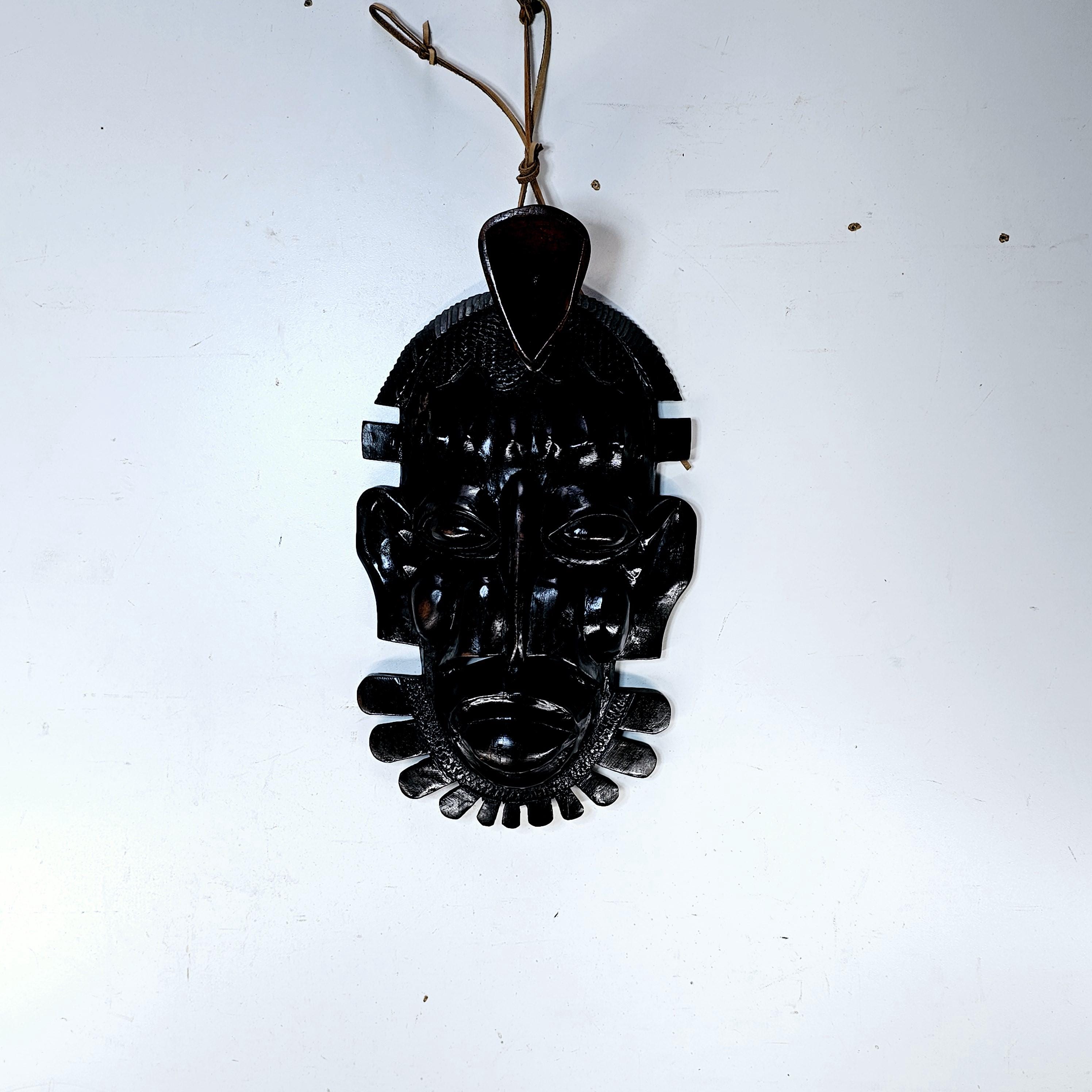 Ebony-Finish Wood Carving - Senufo Tribal Mask (Ivory Coast) 9"W x 15.5"H