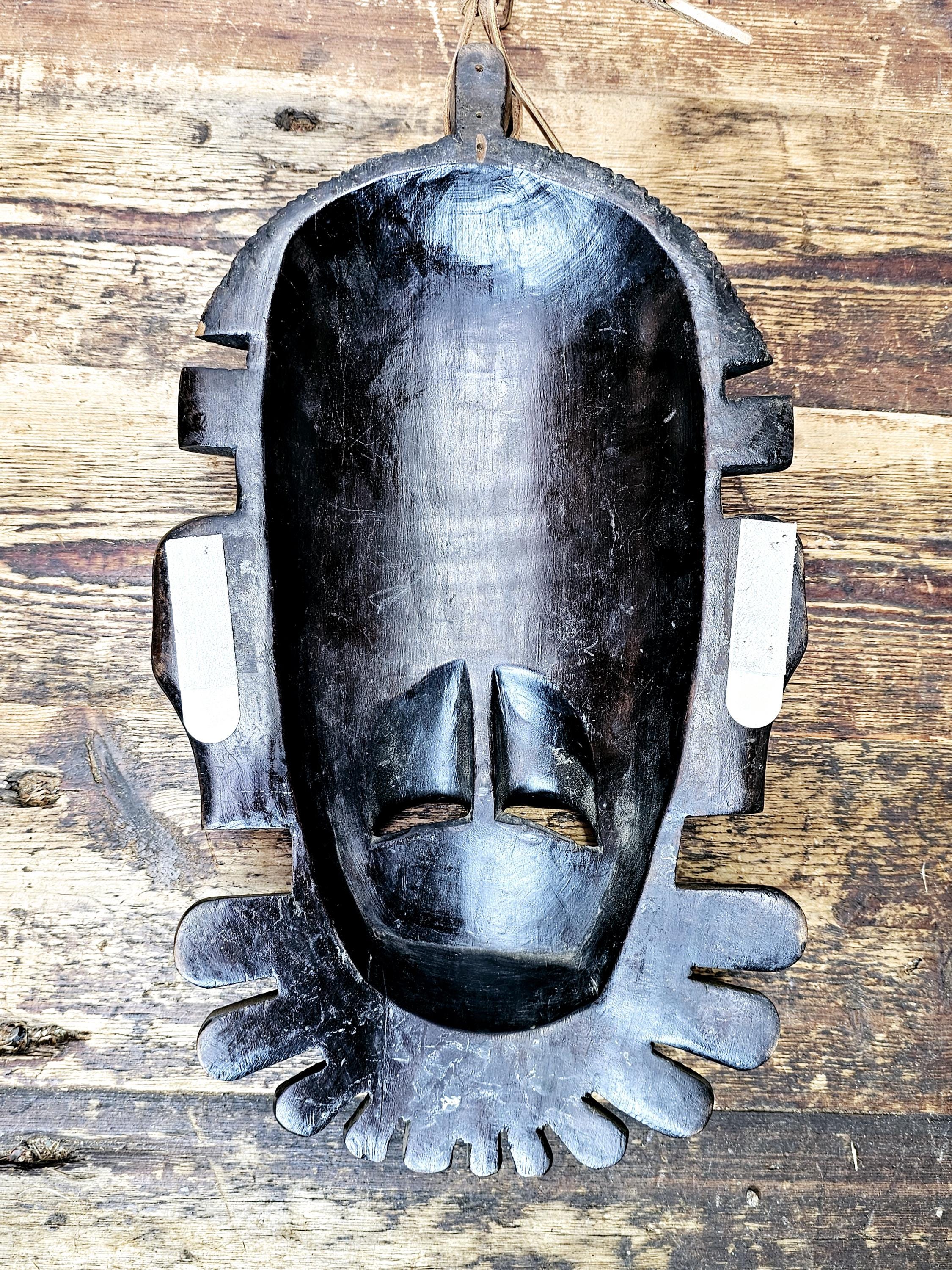 Ebony-Finish Wood Carving - Senufo Tribal Mask (Ivory Coast) 9"W x 15.5"H