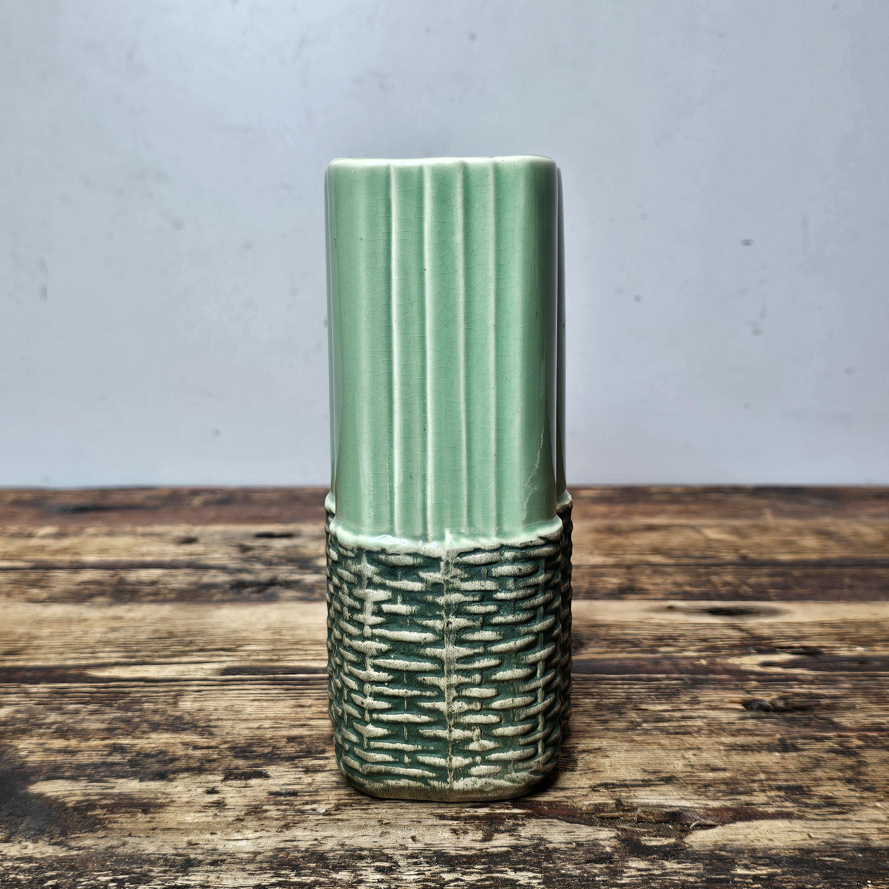 McCoy Green Basket Weave Planter Art Pottery 6.5"H