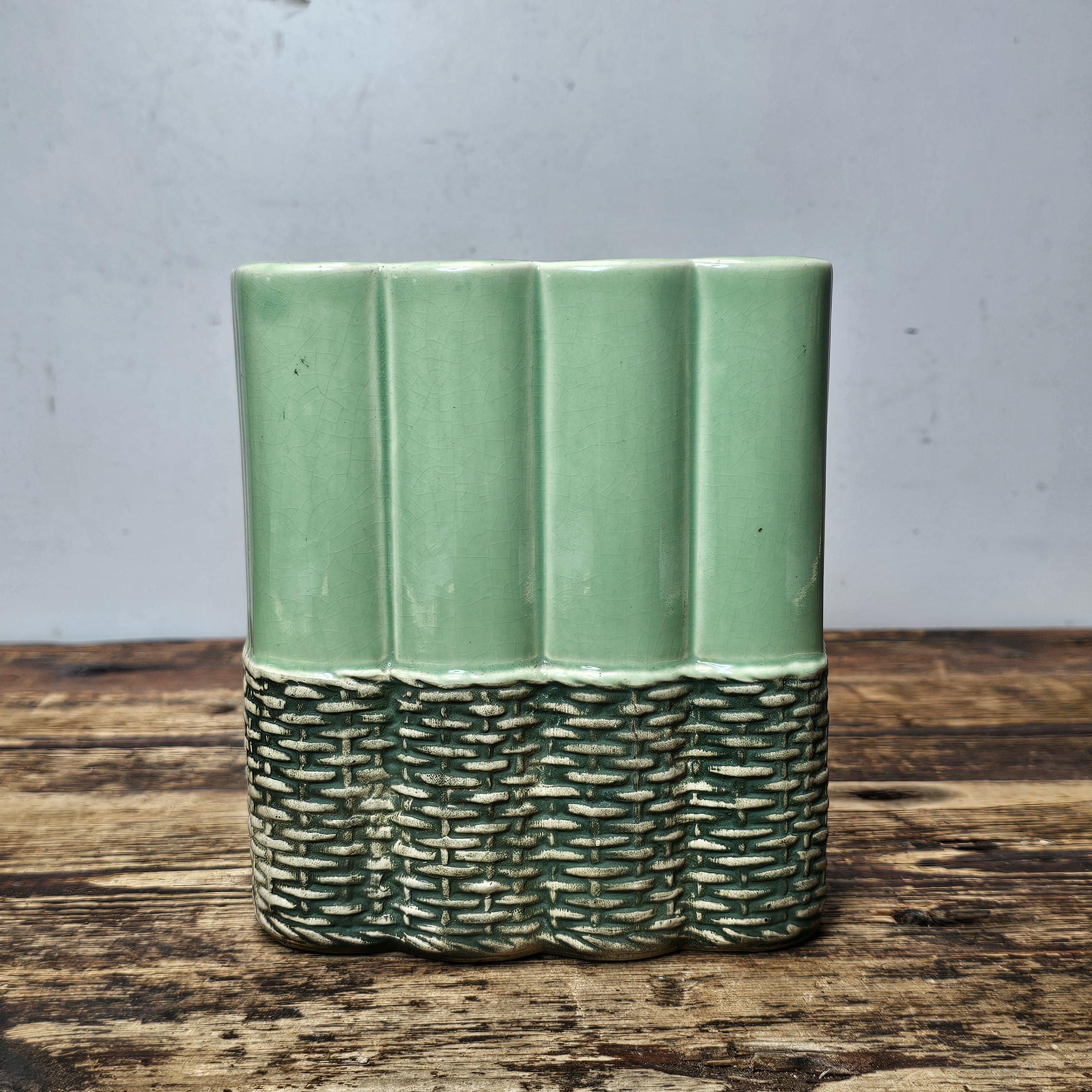 McCoy Green Basket Weave Planter Art Pottery 6.5"H