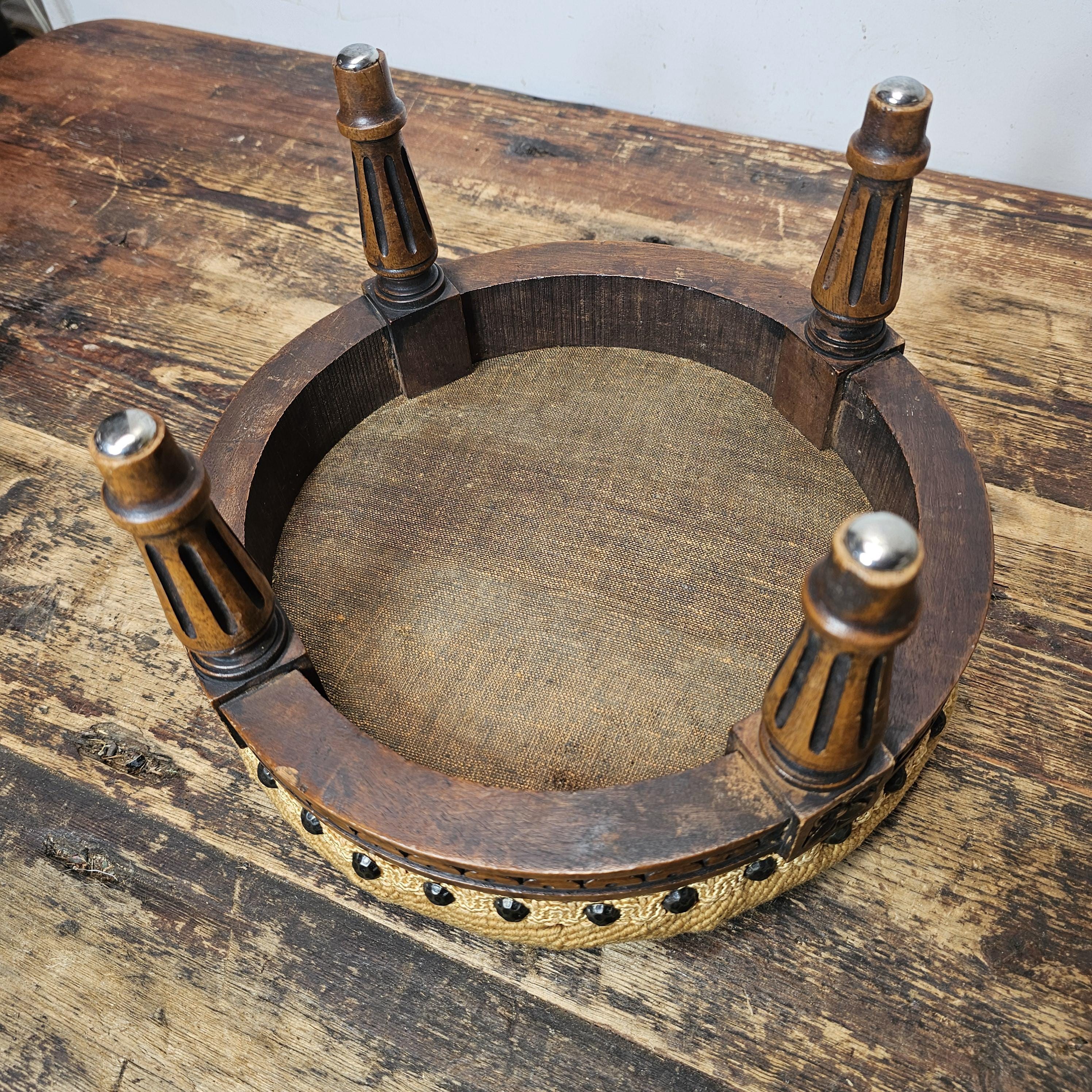 Antique French Petit Point Embroidered Footstool 11.5"Diam × 7.5"H