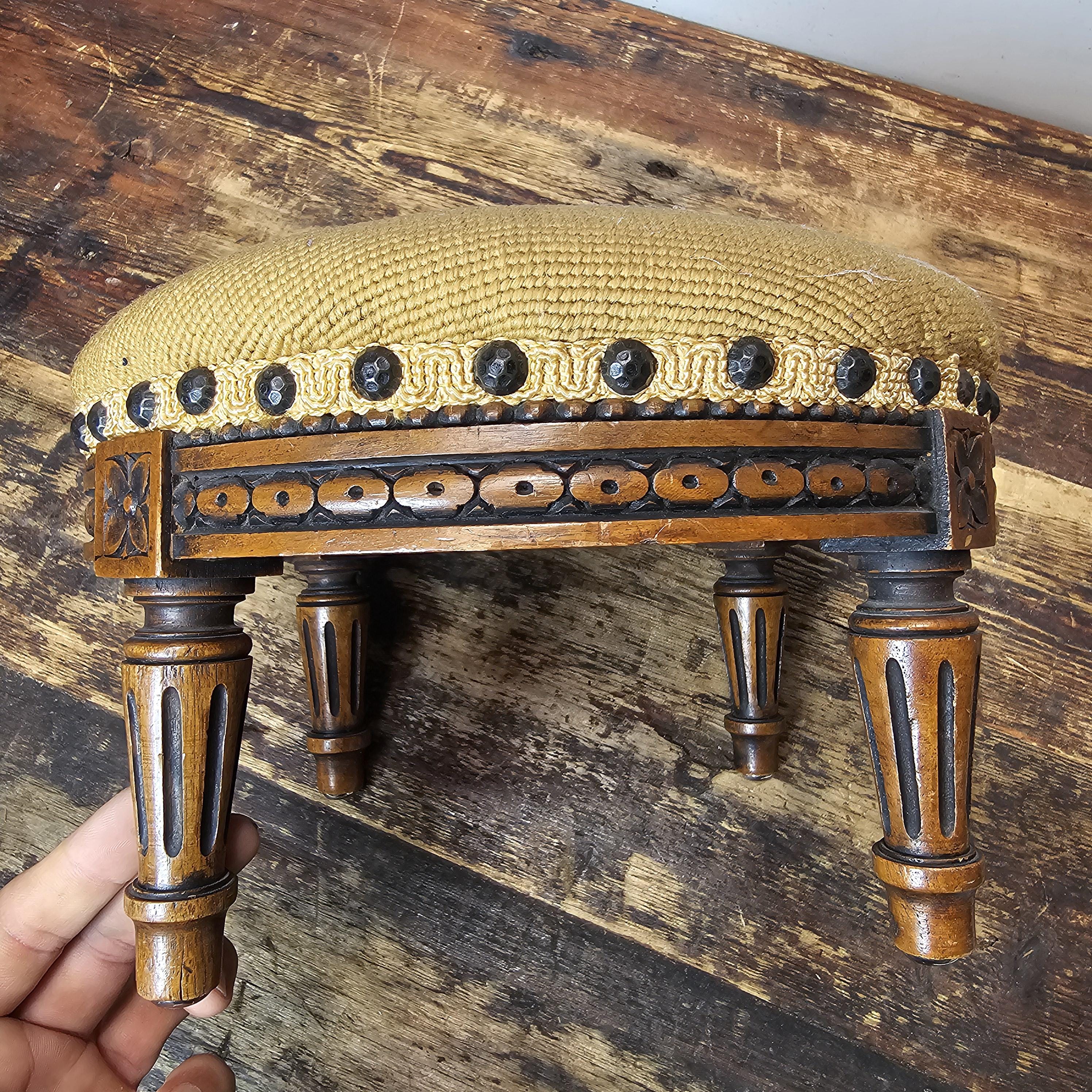 Antique French Petit Point Embroidered Footstool 11.5"Diam × 7.5"H