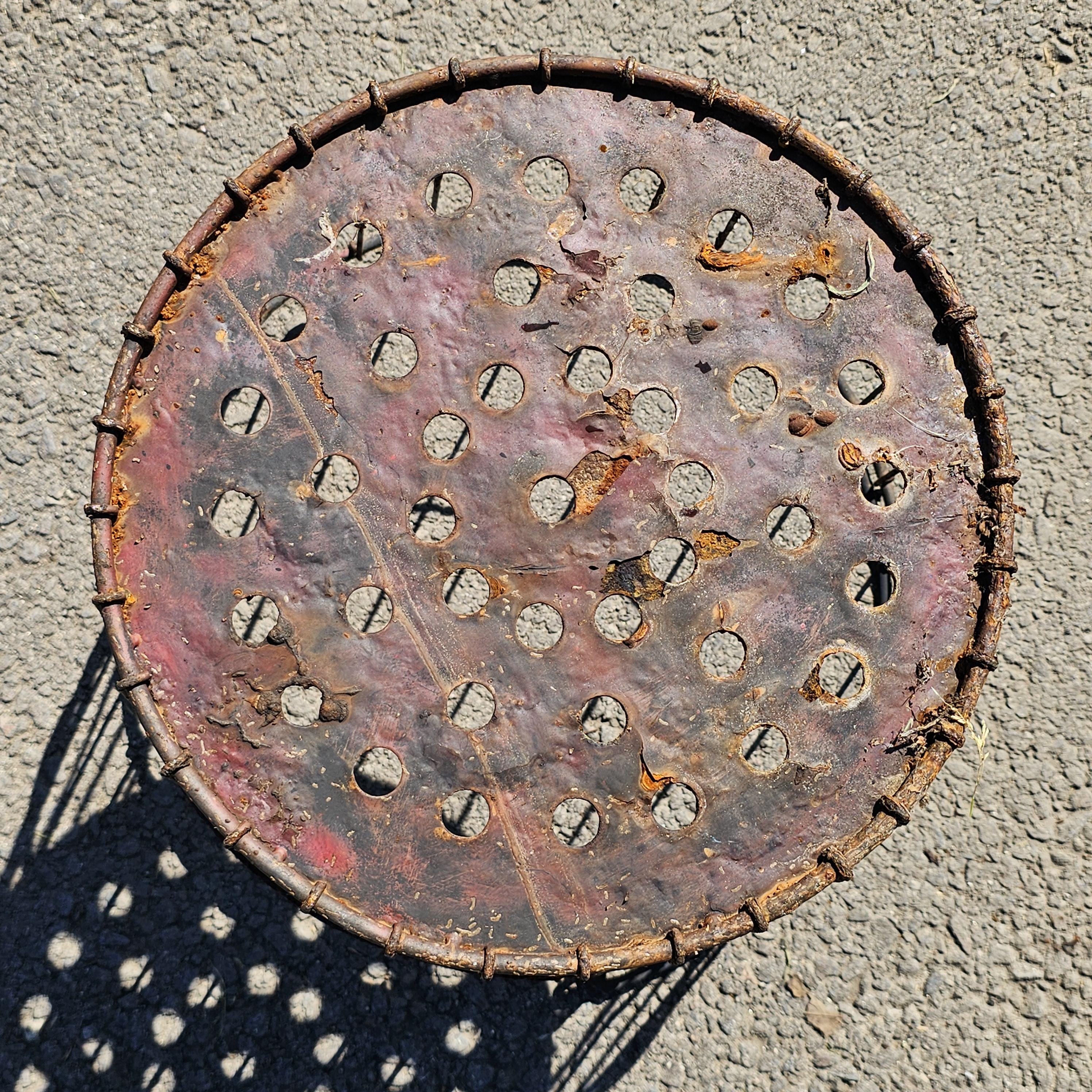 Vintage Rusty Wire Gathering Basket with Perforated Metal Base 15"Diam x 12"H