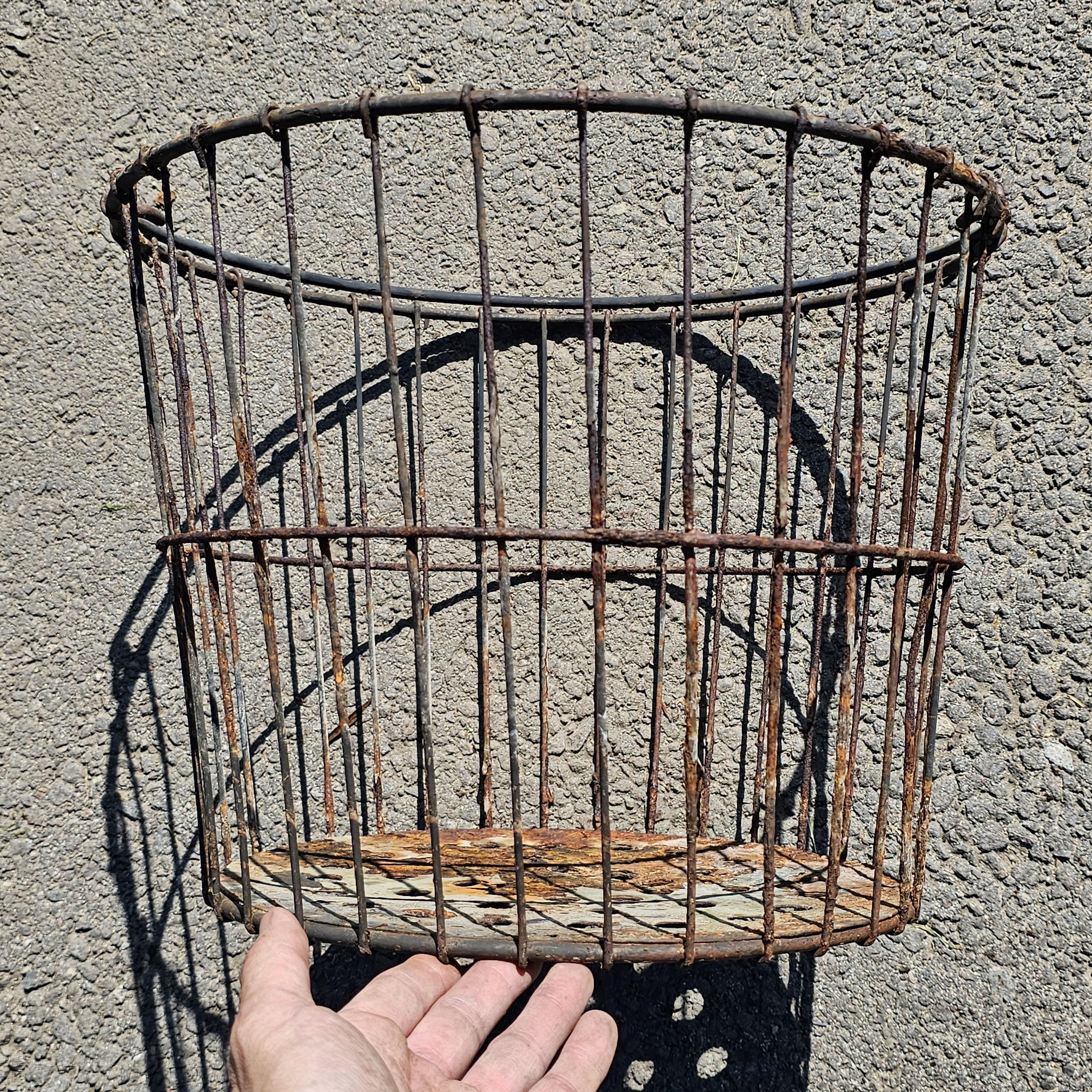 Vintage Rusty Wire Gathering Basket with Perforated Metal Base 15"Diam x 12"H