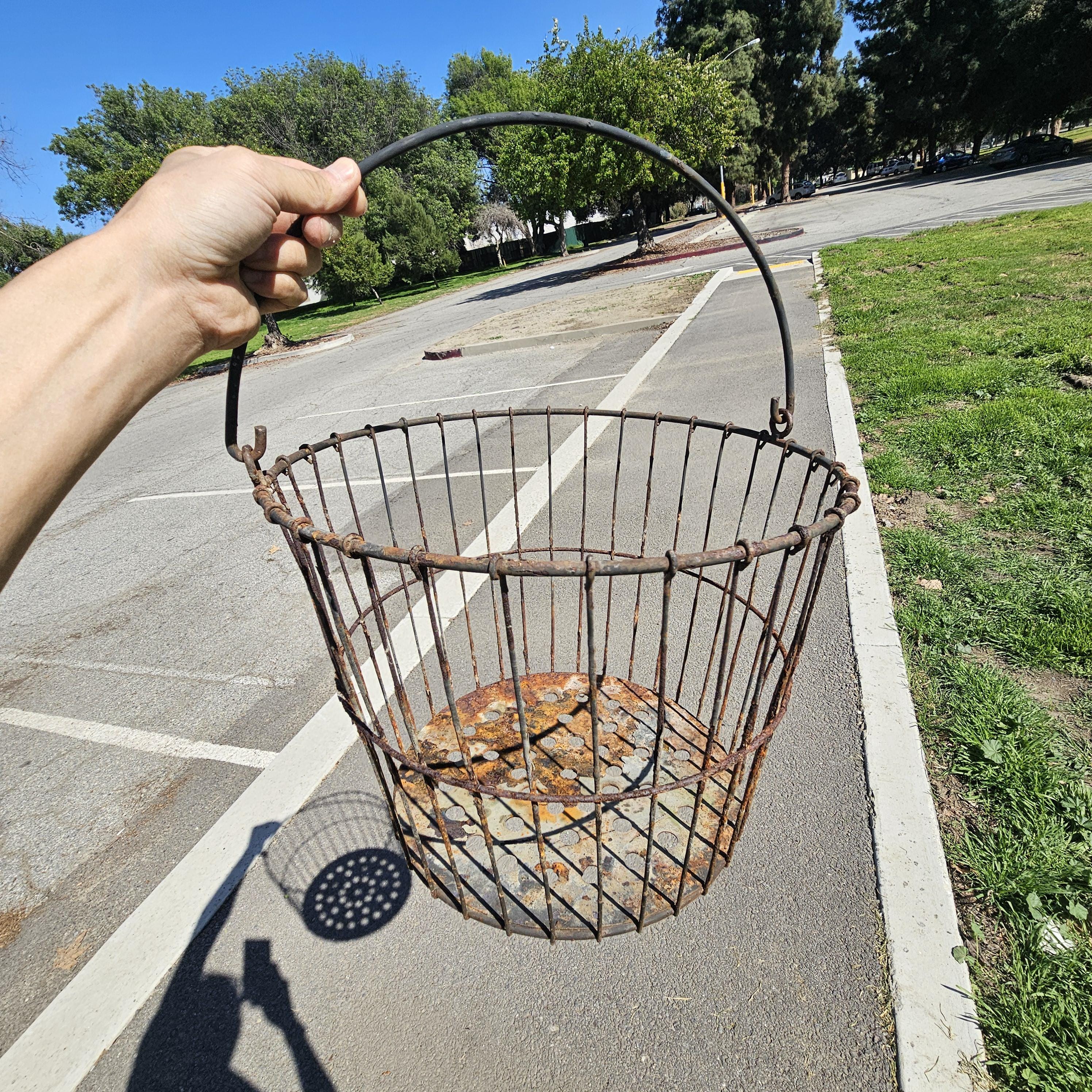 Vintage Rusty Wire Gathering Basket with Perforated Metal Base 15"Diam x 12"H