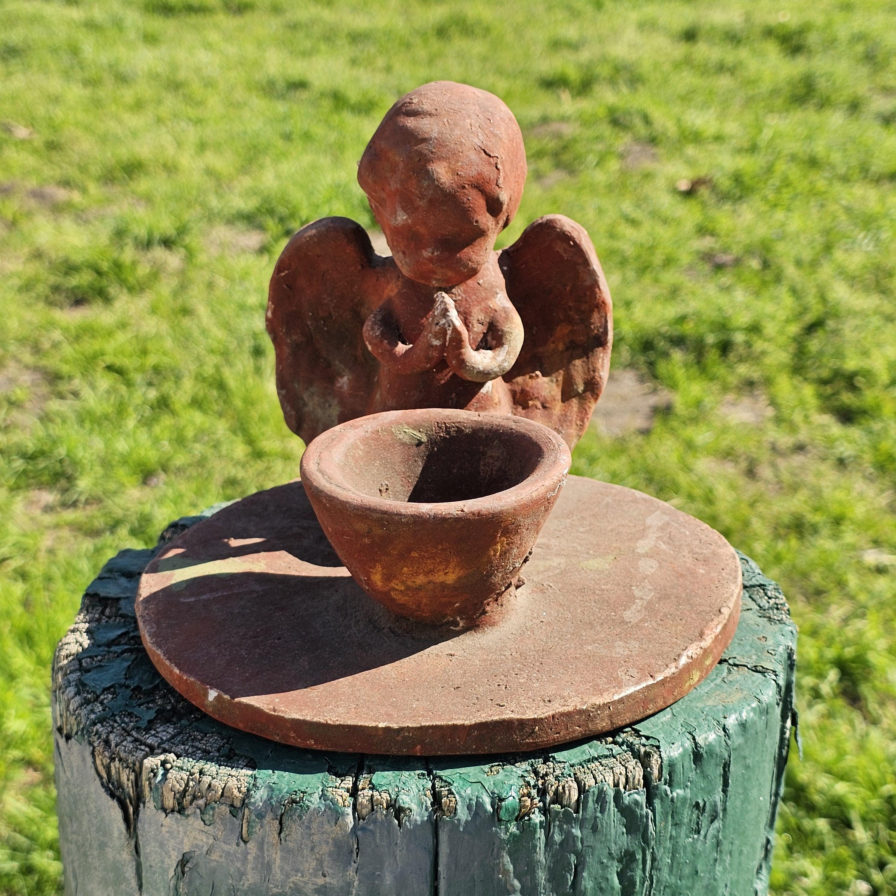 Clay Cherub Angel Candle Holder Copal Burning Bowl 7.5"Diam x 6.5"H