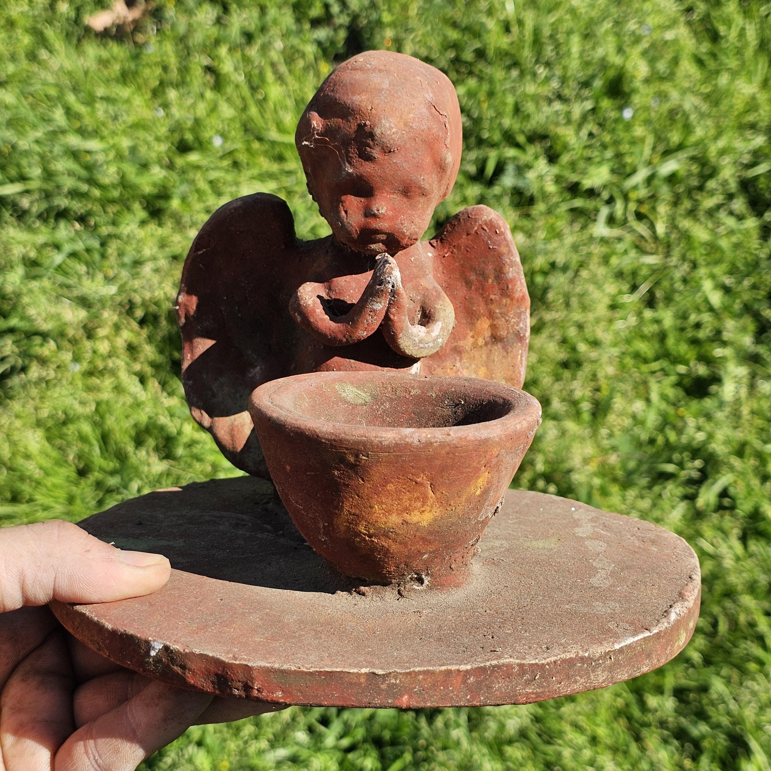 Clay Cherub Angel Candle Holder Copal Burning Bowl 7.5"Diam x 6.5"H