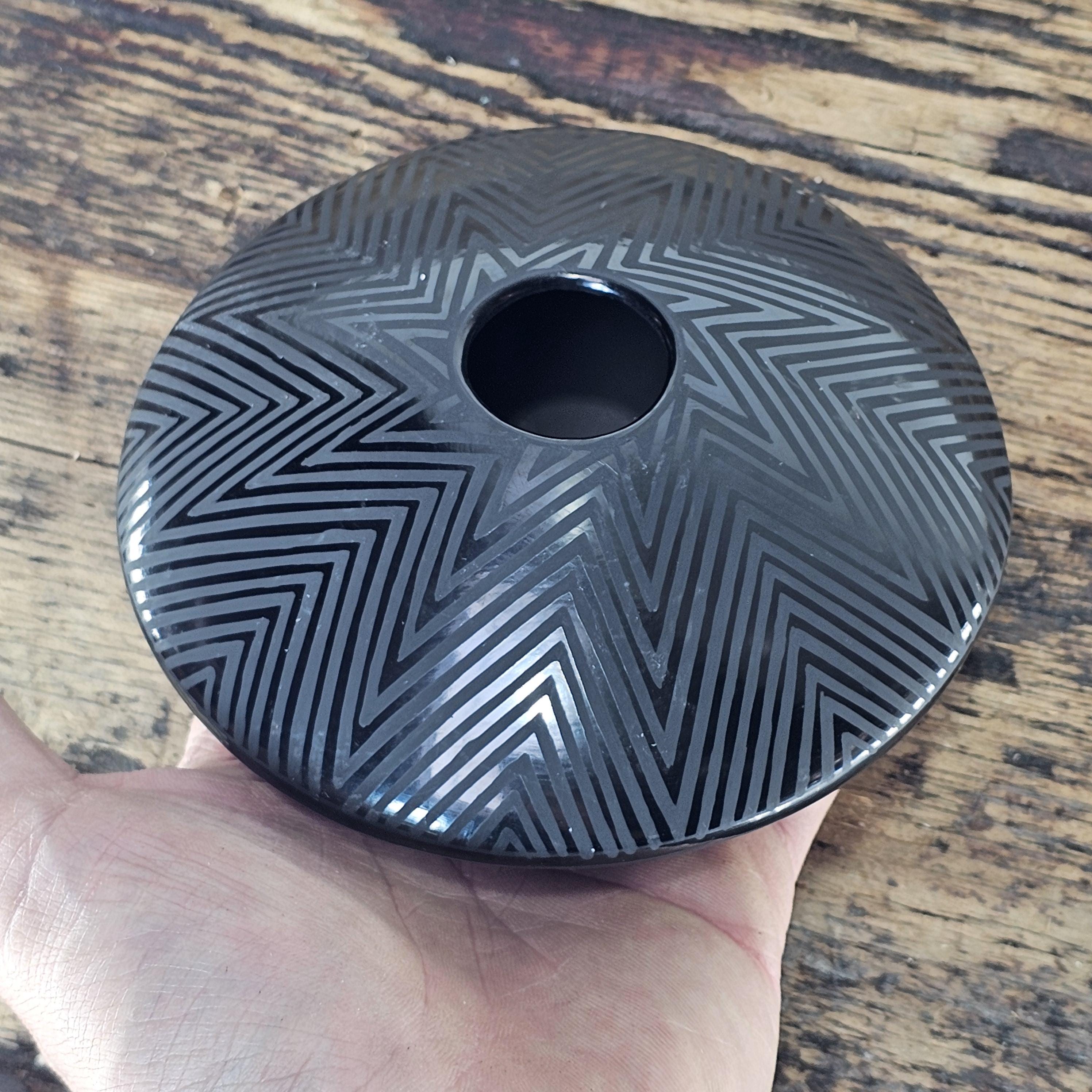 Mata Ortiz Geometric Black Pottery by Octavio Andrew 5"Diam x 2"H