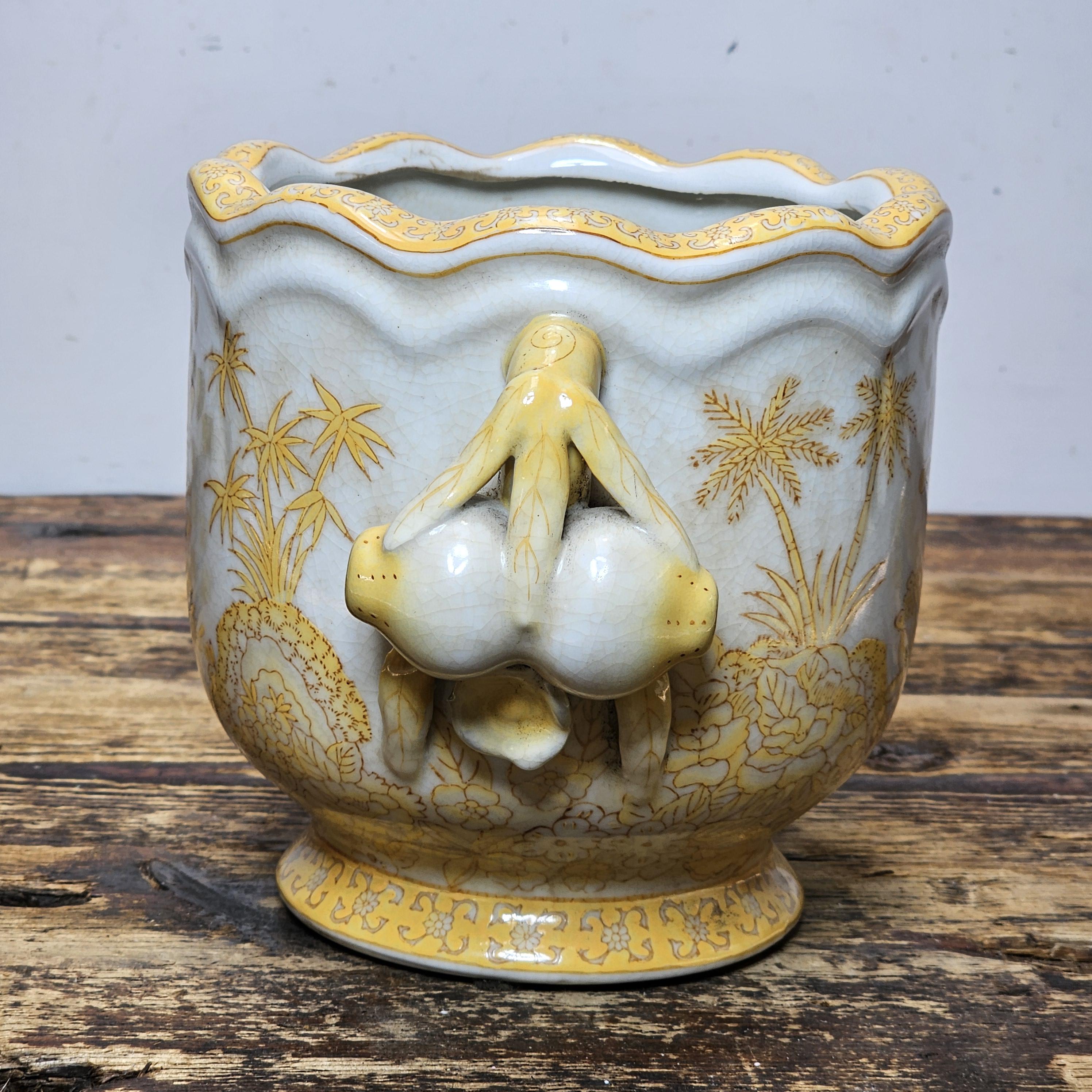 Yellow Decorated Porcelain Vase with Fruit Handles in Qianlong Style 6"H