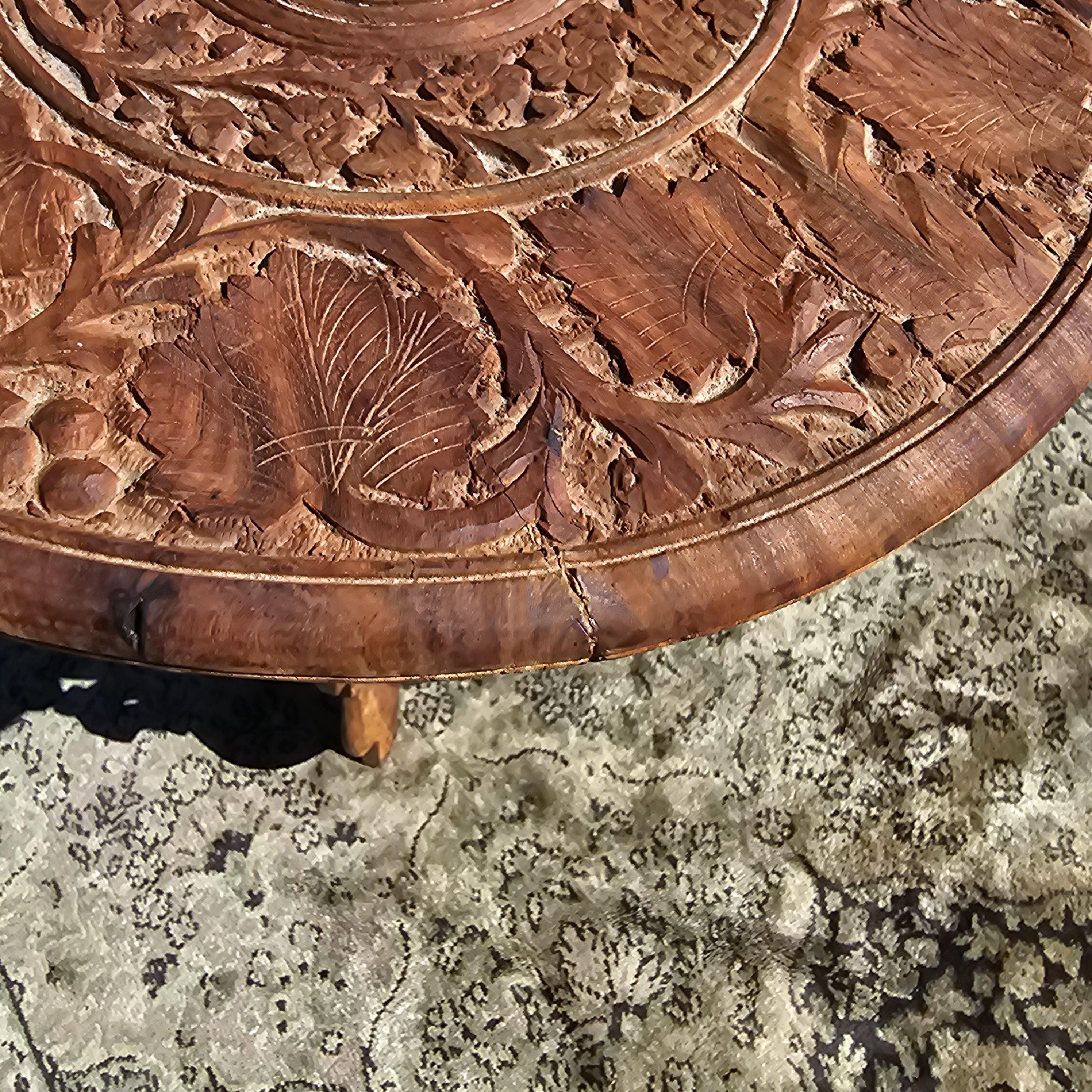 Vintage Indian Hand-Carved Small Wooden Table/Plant Stand 14"Diam x 16"H