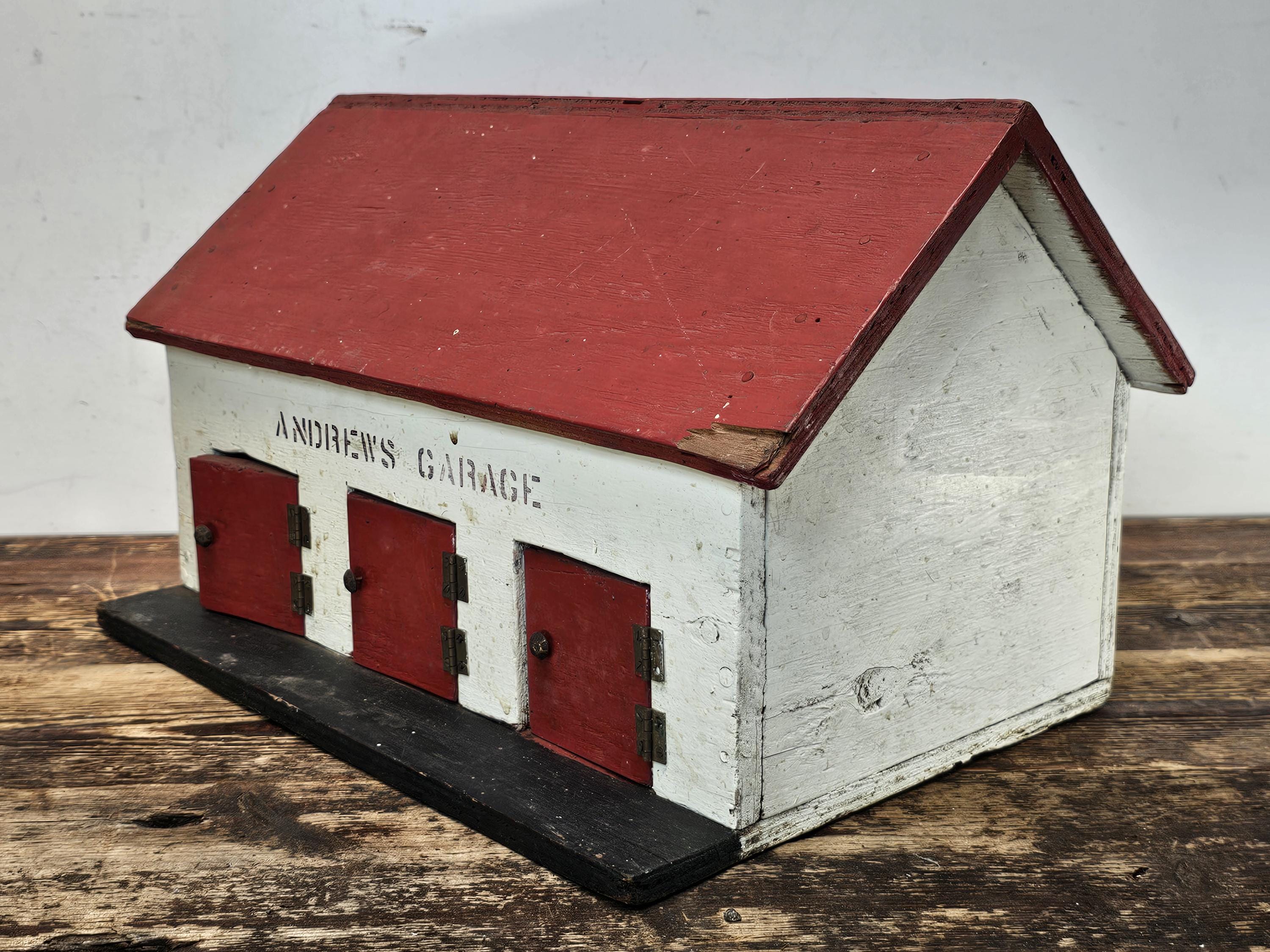 Vintage Folk Art "Andrew's Garage" Wooden 3-Bay Garage Model, 1970s