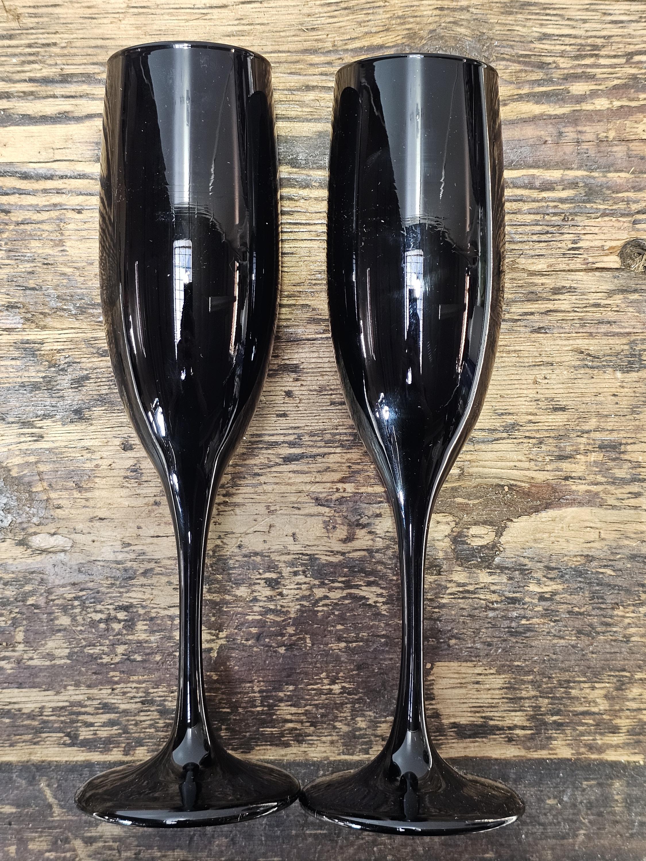 Set of 2 Vintage Black Amethyst Glass Libbey Premiere Champagne Flutes 9"H