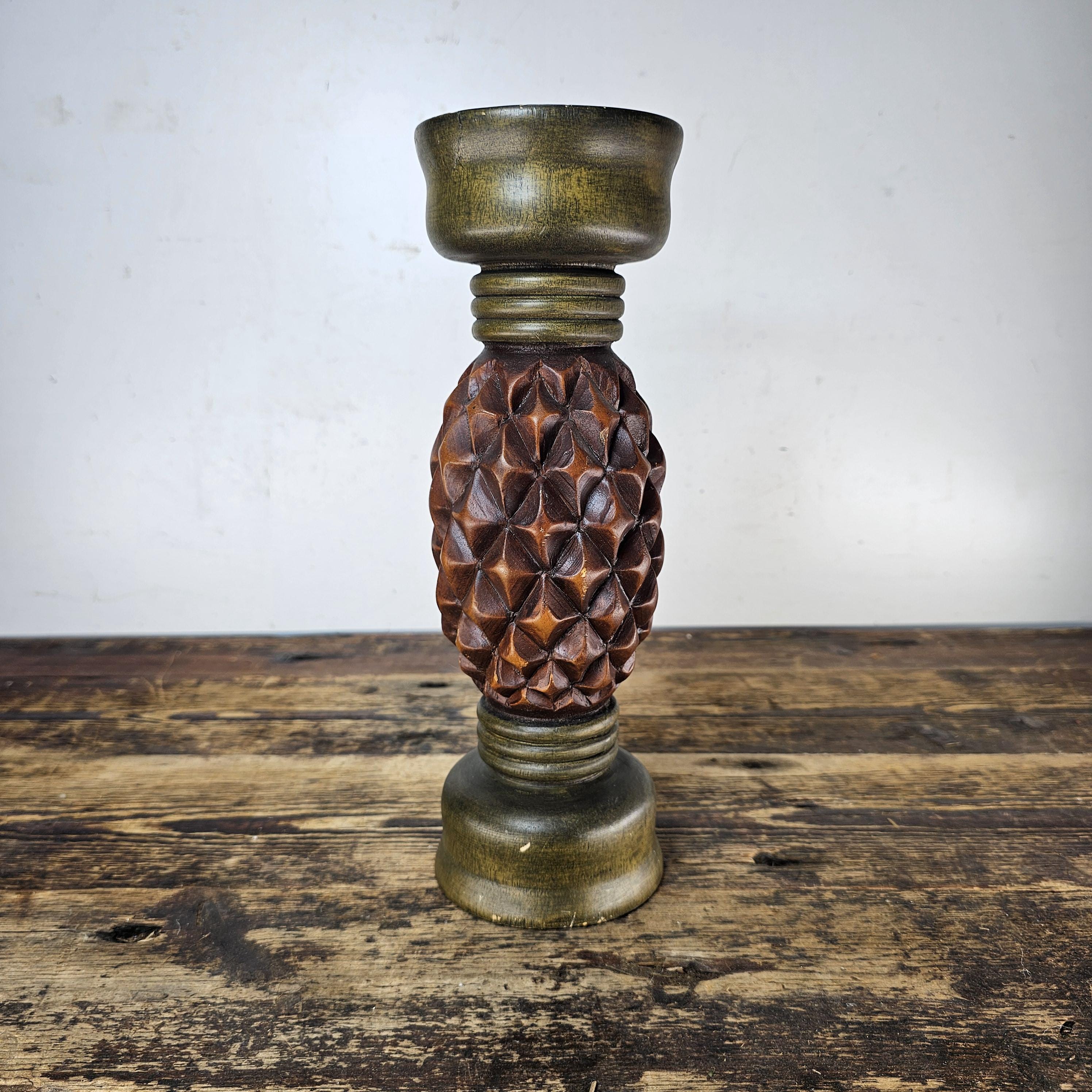 Hand Carved Wood Pineapple Diamond Candle Sticks 12"H