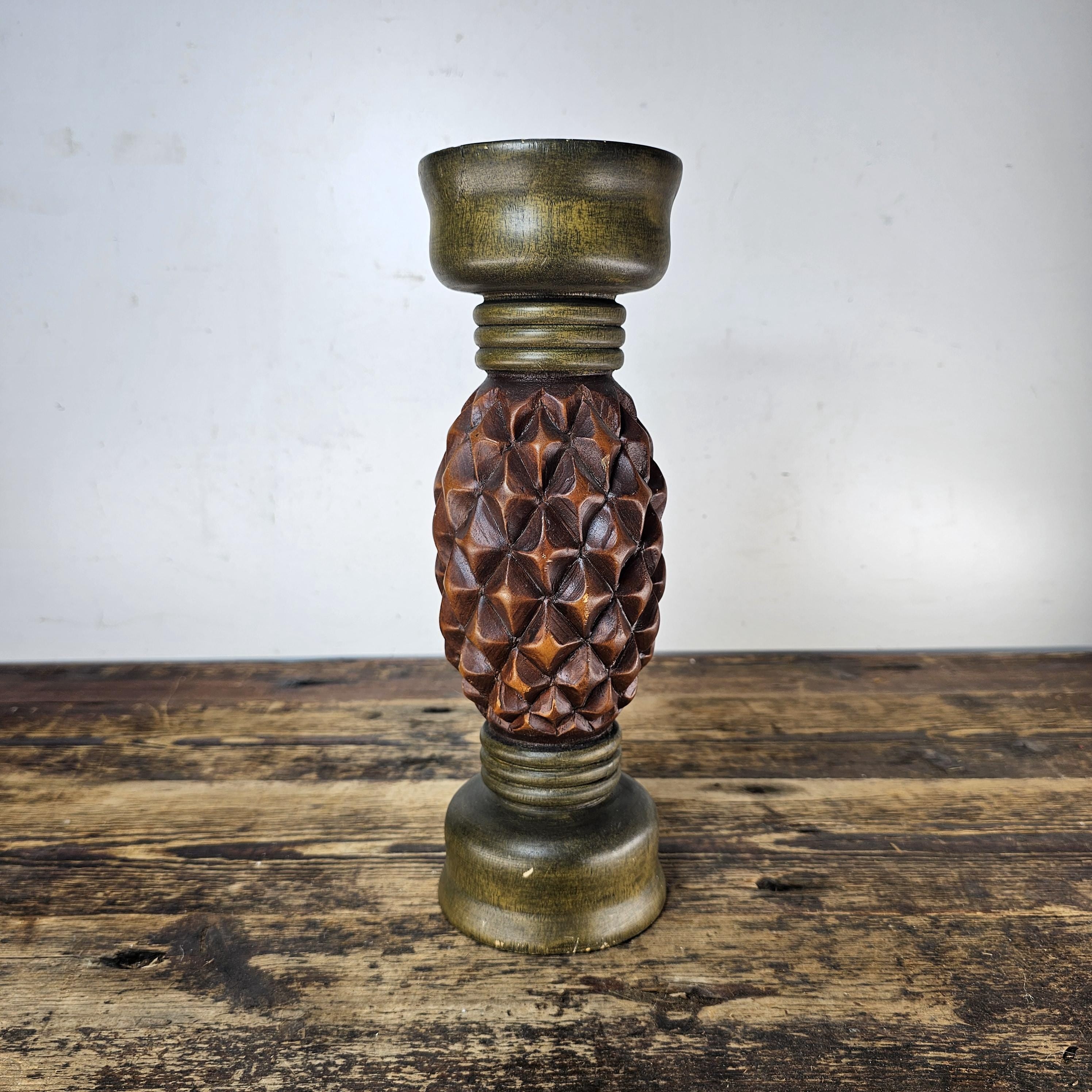 Hand Carved Wood Pineapple Diamond Candle Sticks 12"H