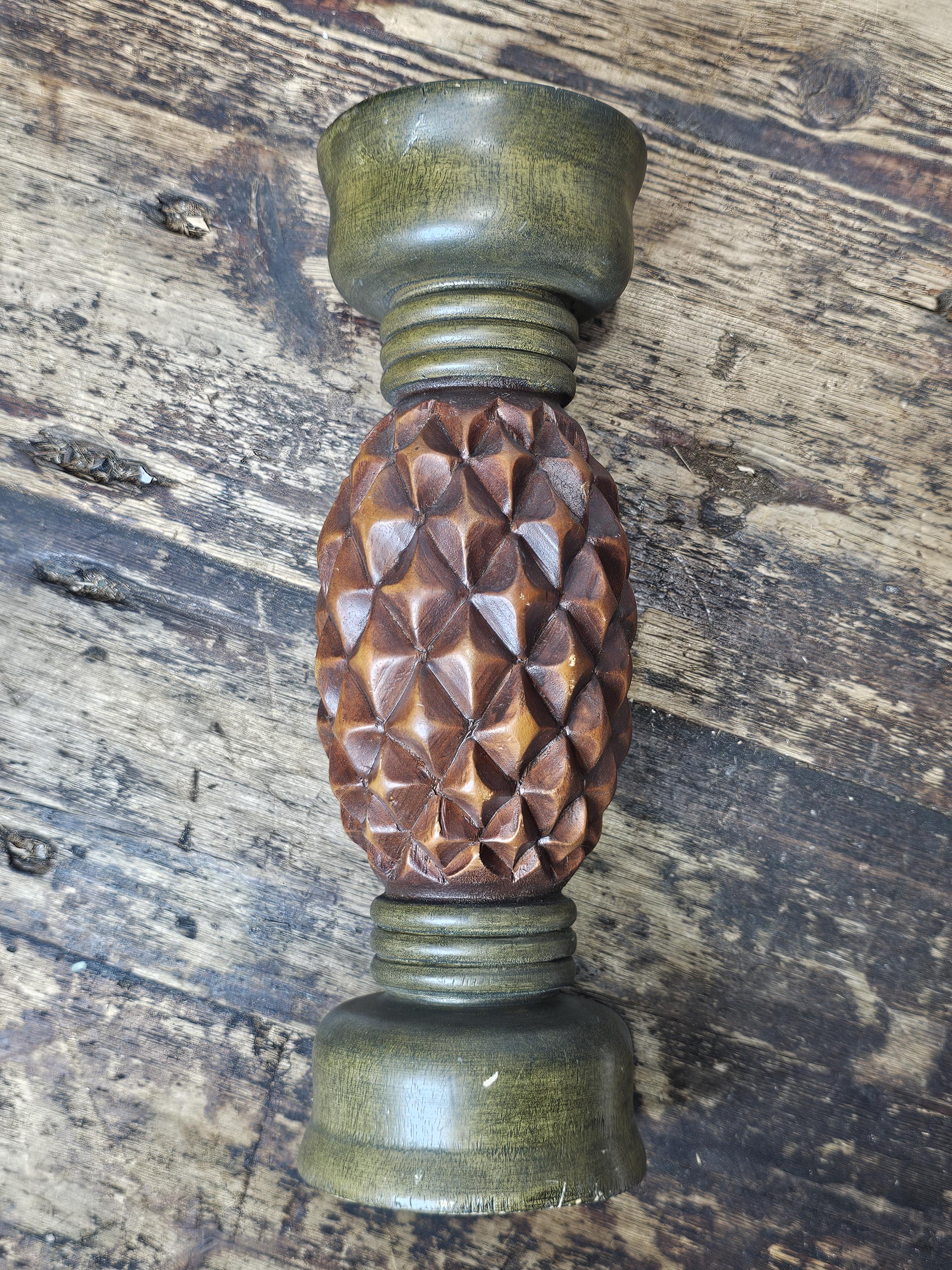 Hand Carved Wood Pineapple Diamond Candle Sticks 12"H