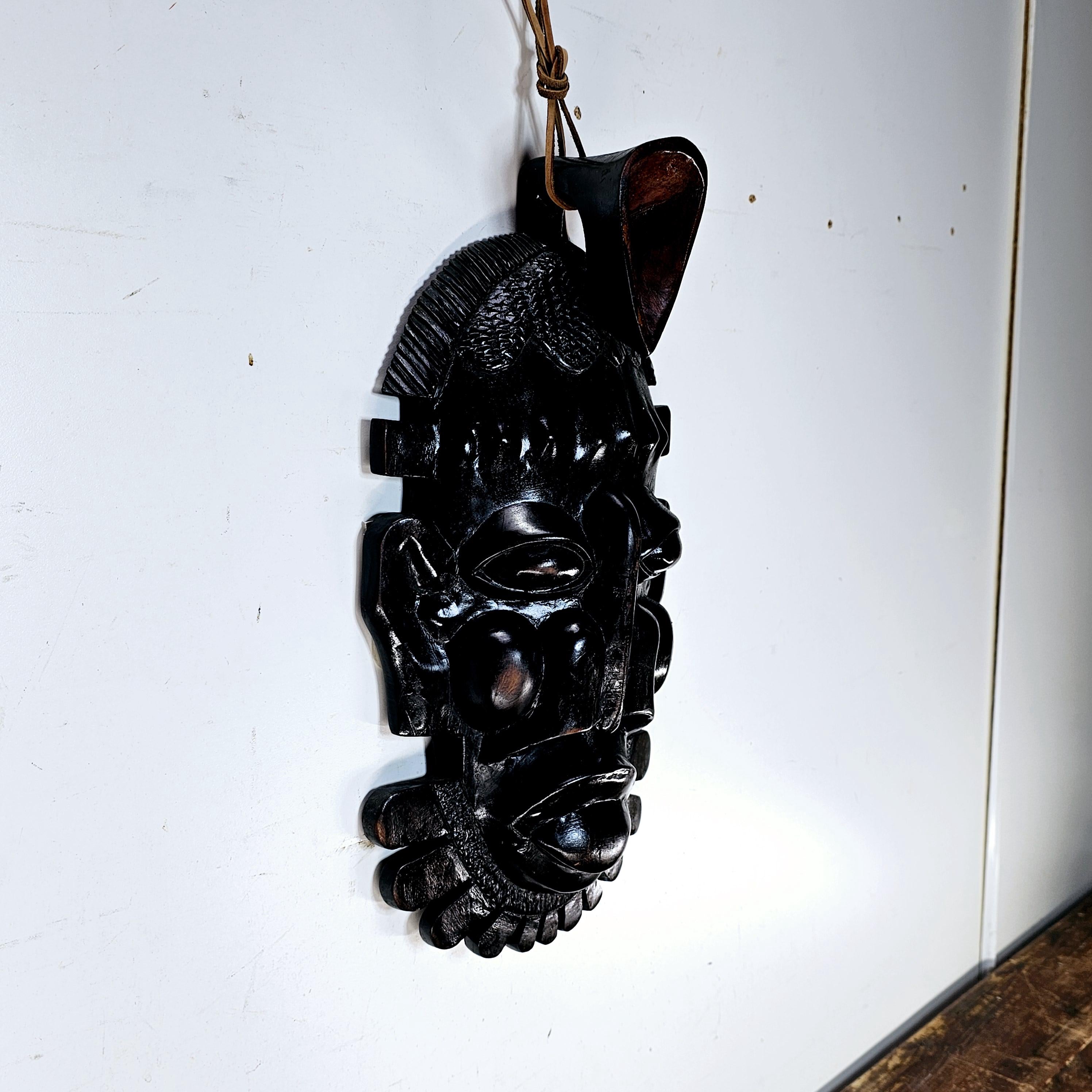 Ebony-Finish Wood Carving - Senufo Tribal Mask (Ivory Coast) 9"W x 15.5"H