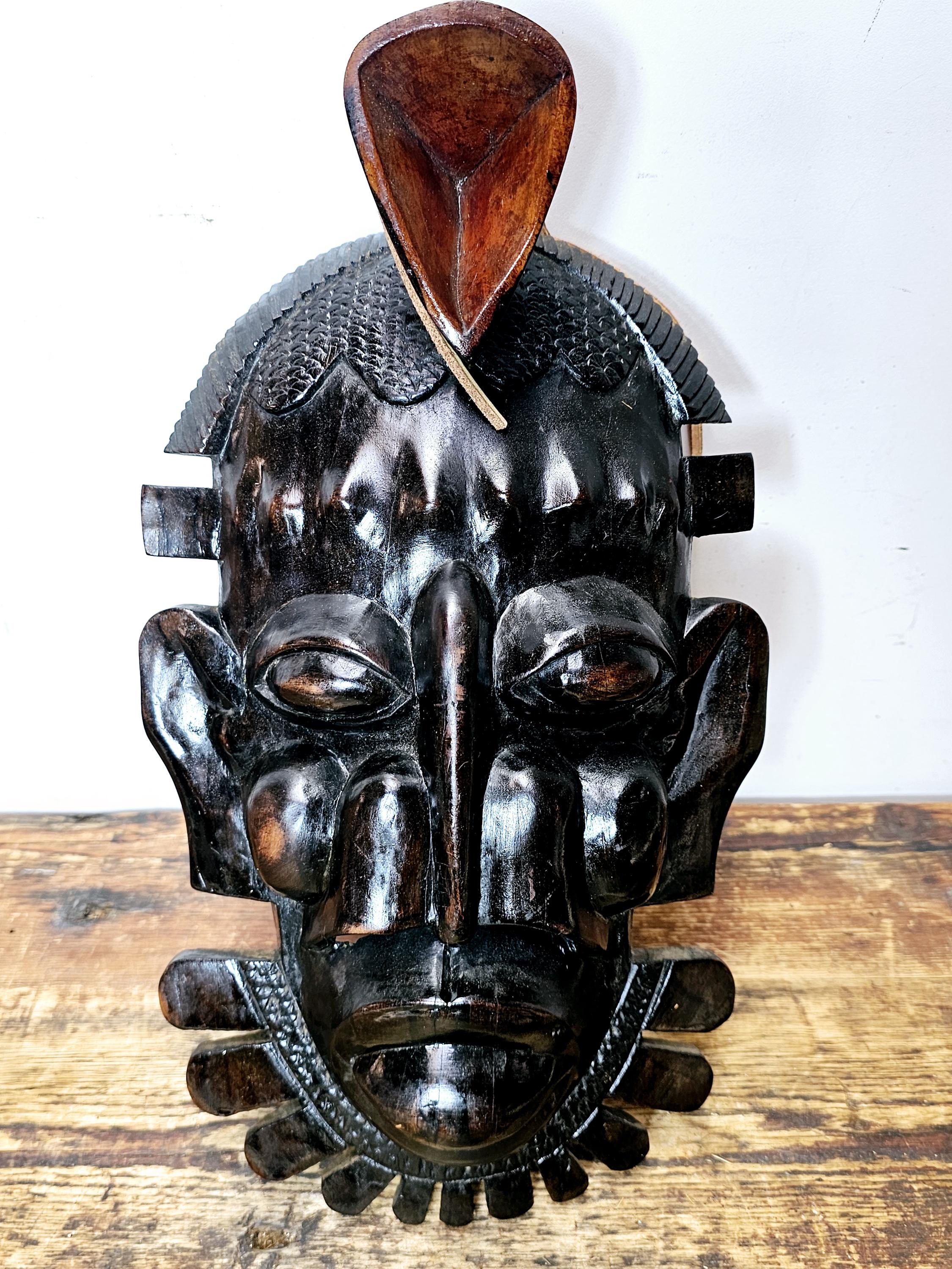 Ebony-Finish Wood Carving - Senufo Tribal Mask (Ivory Coast) 9"W x 15.5"H