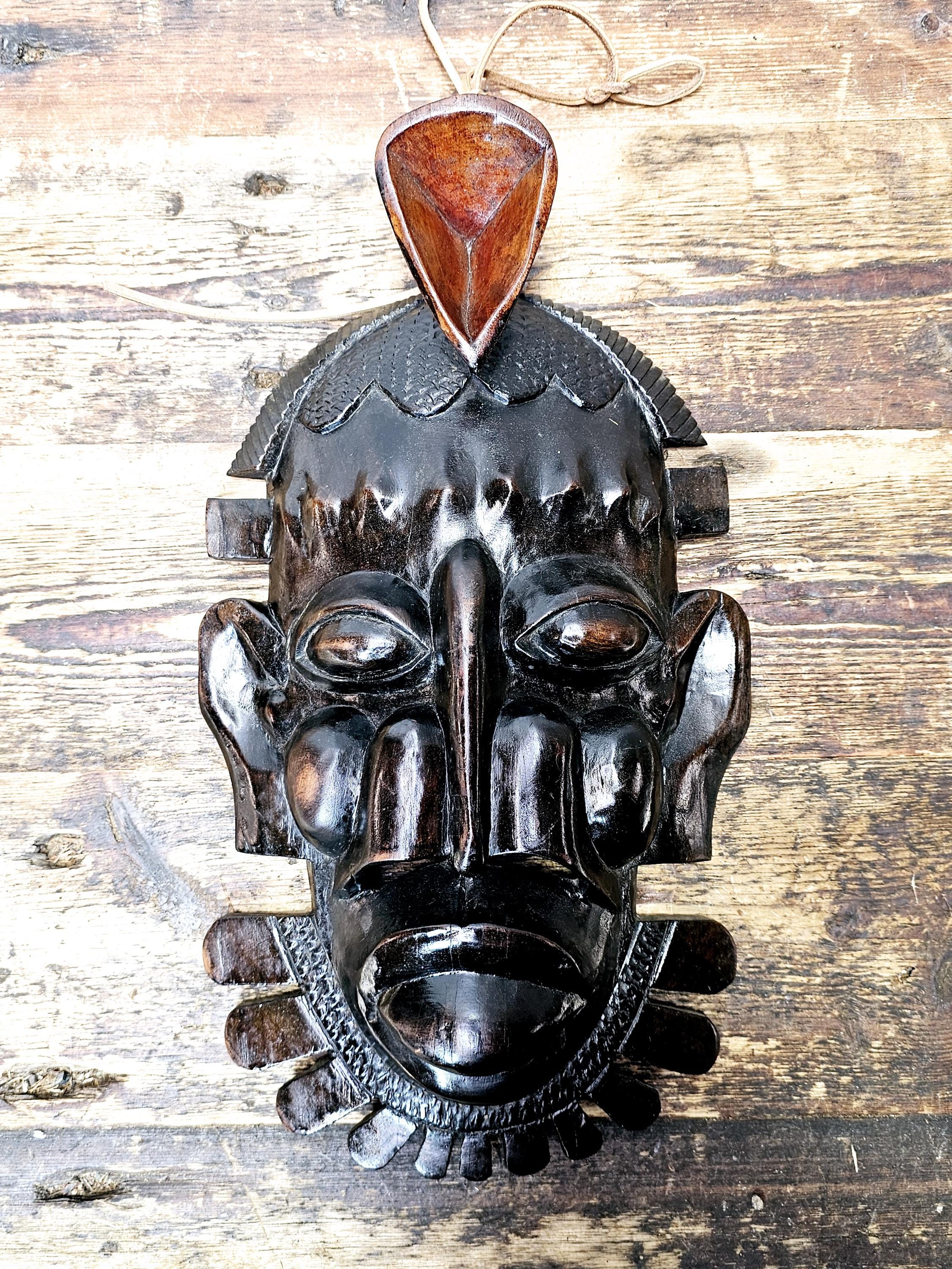Ebony-Finish Wood Carving - Senufo Tribal Mask (Ivory Coast) 9"W x 15.5"H