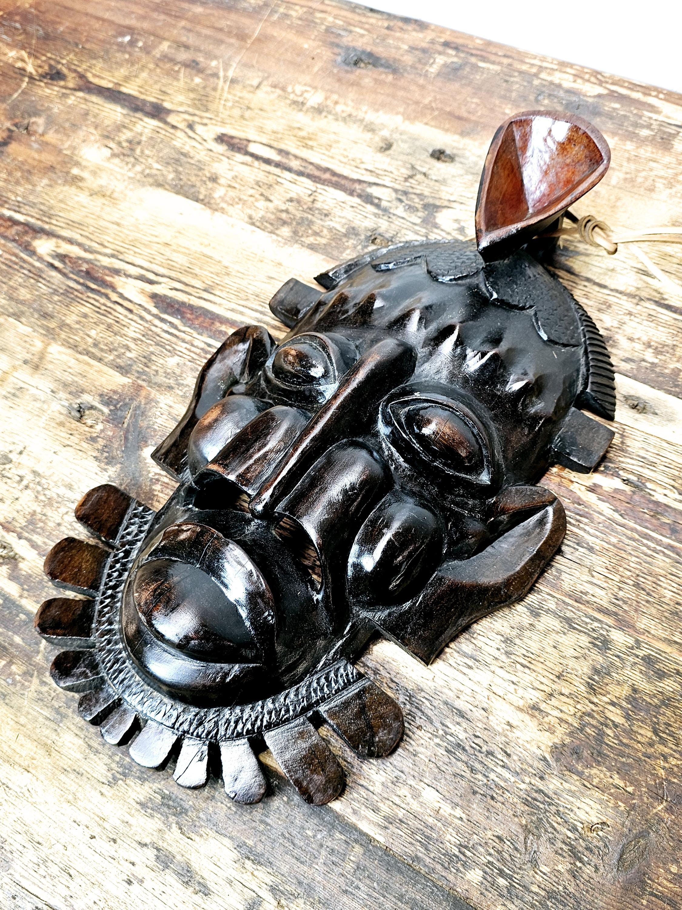 Ebony-Finish Wood Carving - Senufo Tribal Mask (Ivory Coast) 9"W x 15.5"H