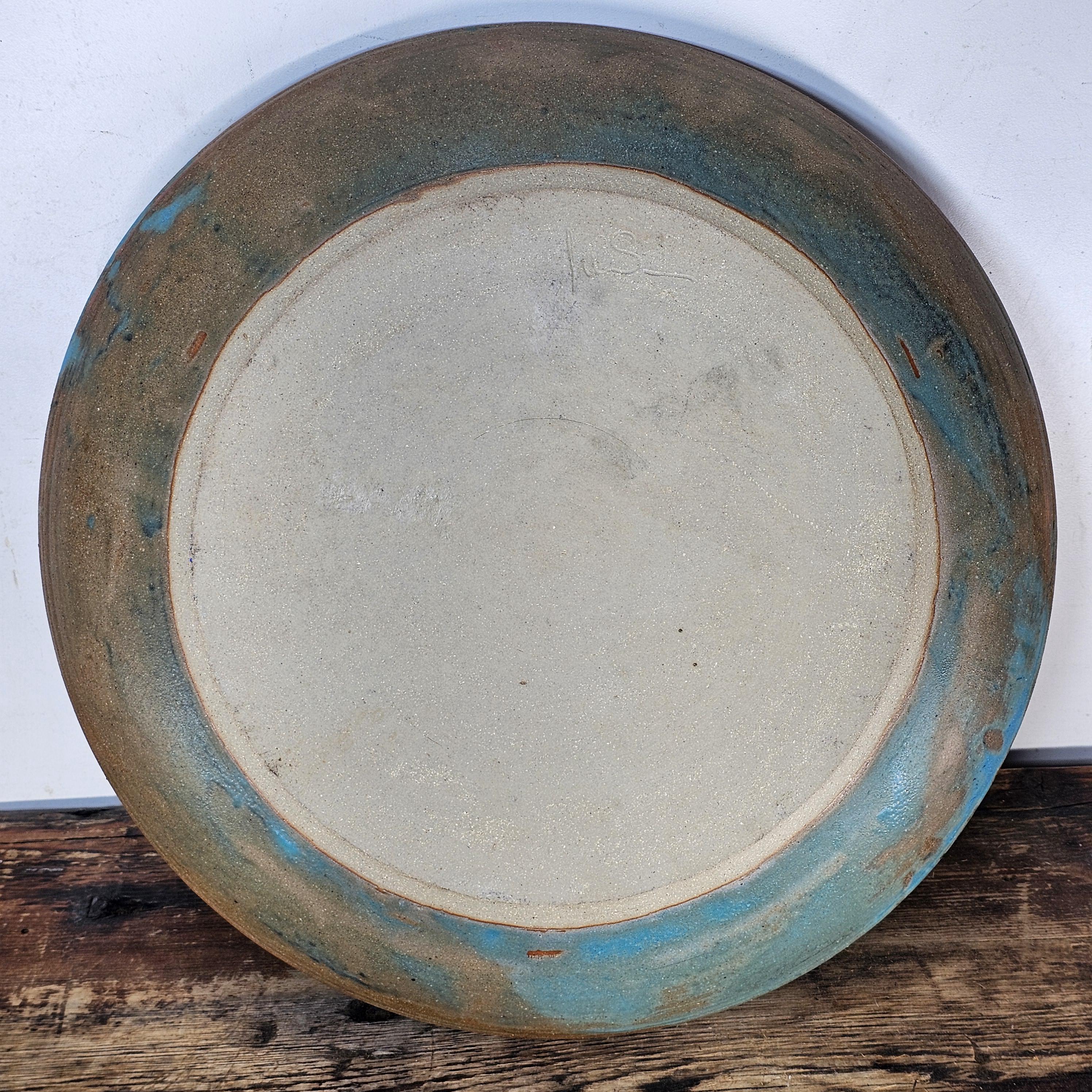 Studio Art Pottery Signed Shallow Dish Turquoise Starburst Glazed Plate 12.5"