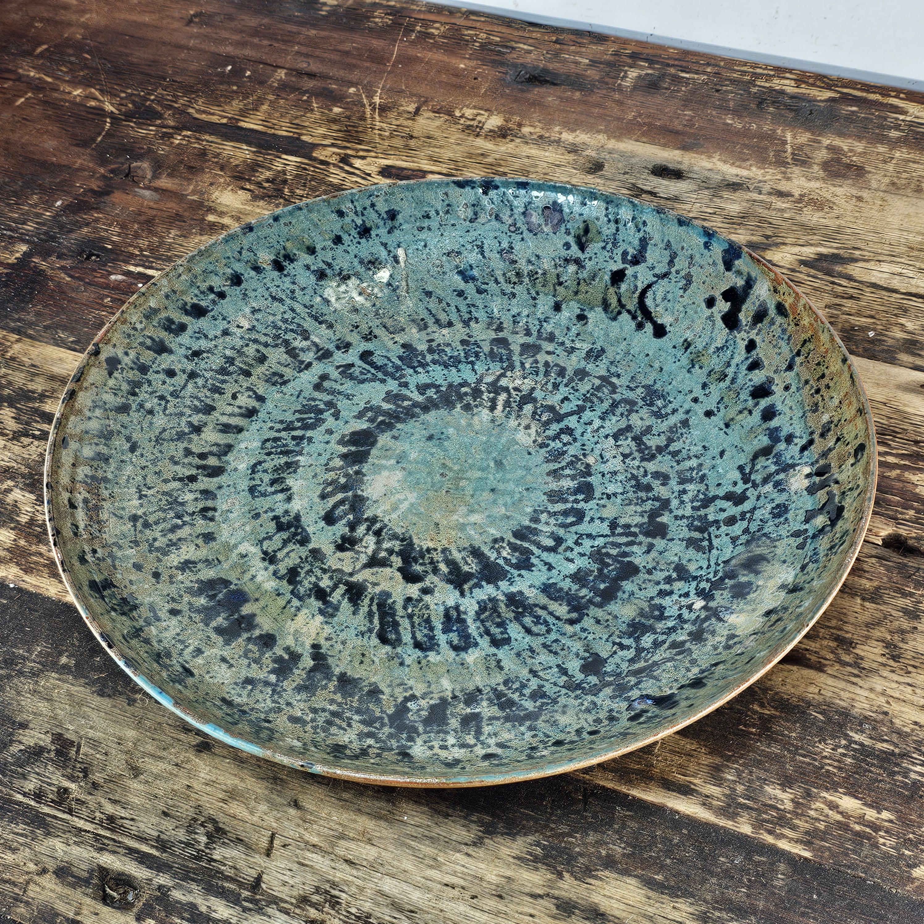Studio Art Pottery Signed Shallow Dish Turquoise Starburst Glazed Plate 12.5"
