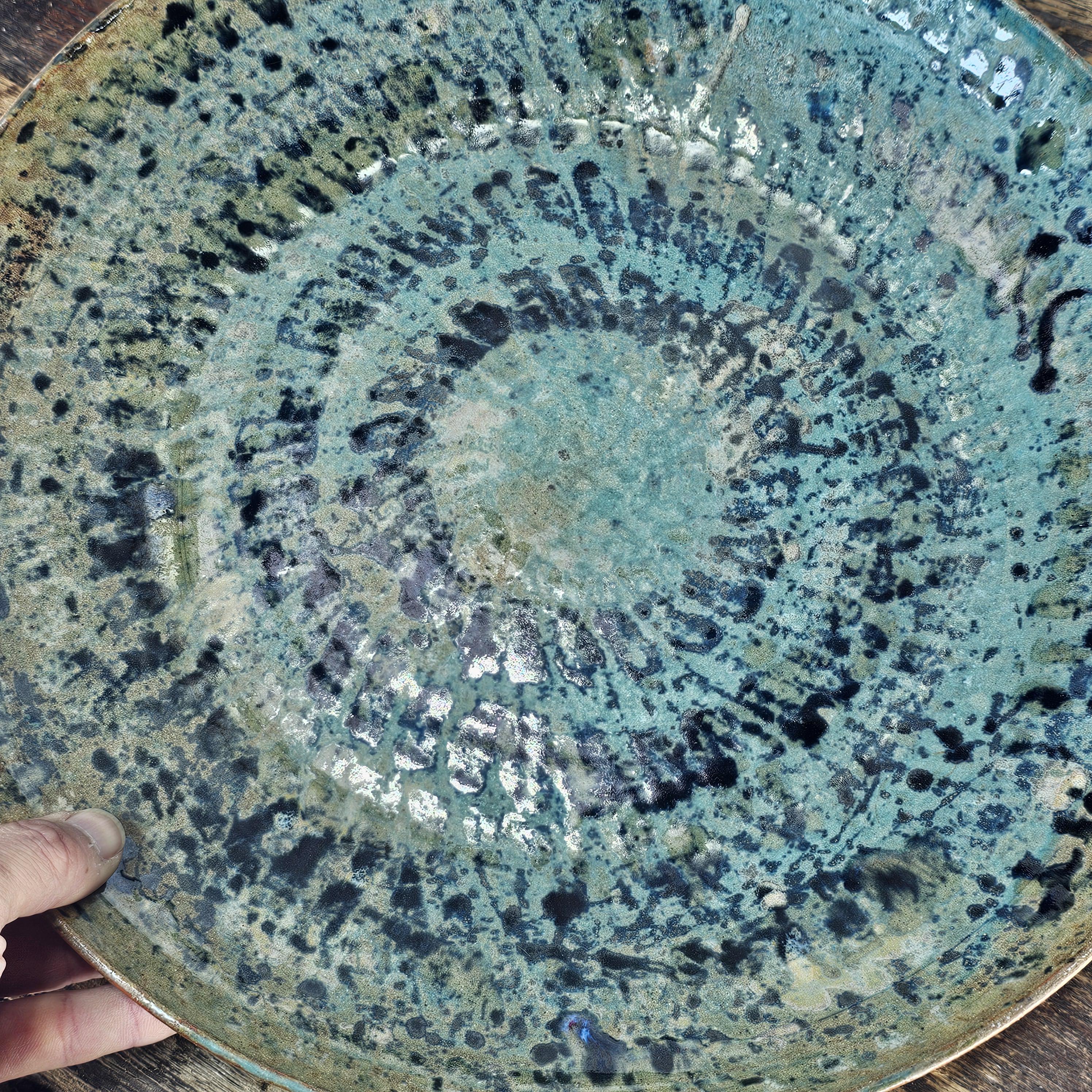 Studio Art Pottery Signed Shallow Dish Turquoise Starburst Glazed Plate 12.5"