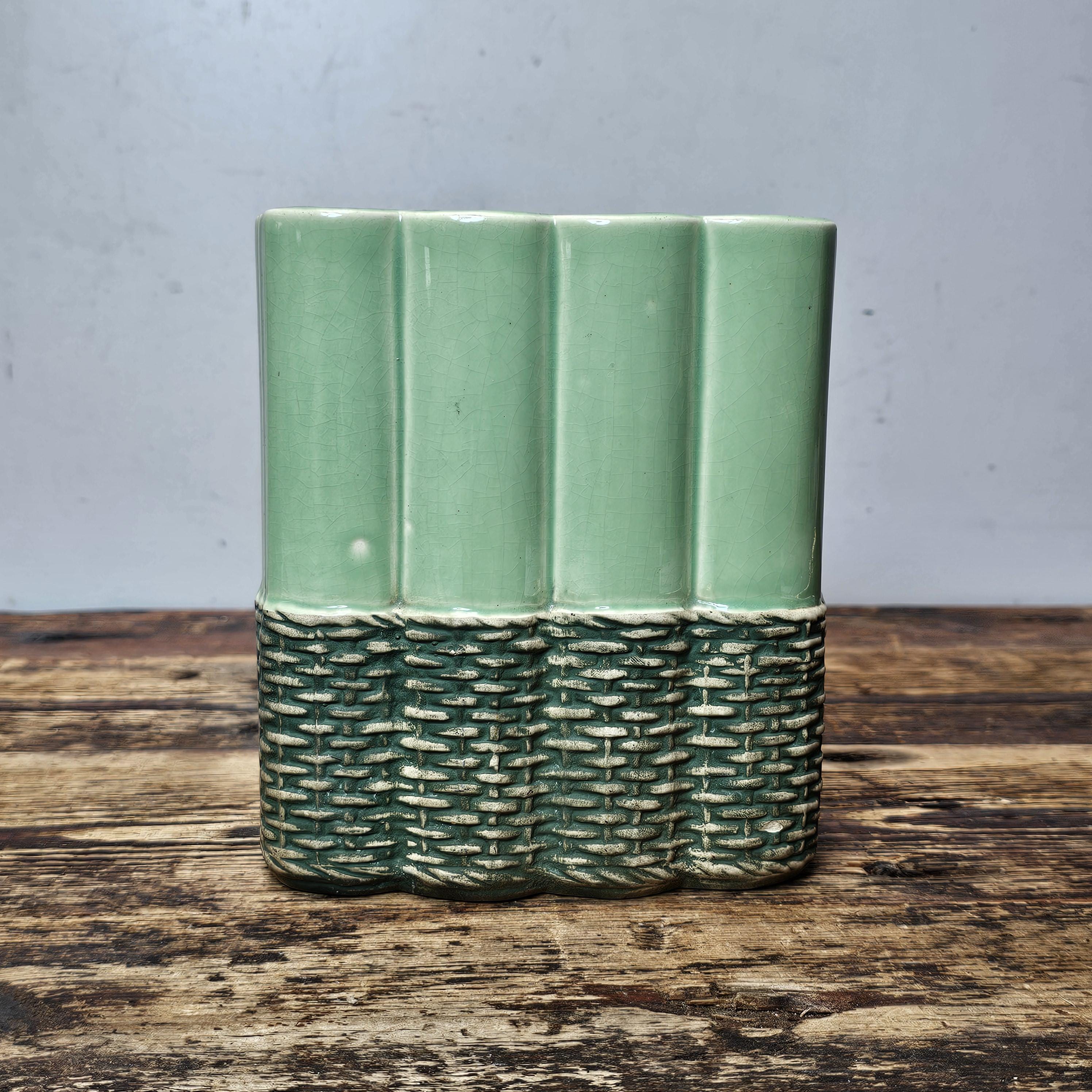 McCoy Green Basket Weave Planter Art Pottery 6.5"H