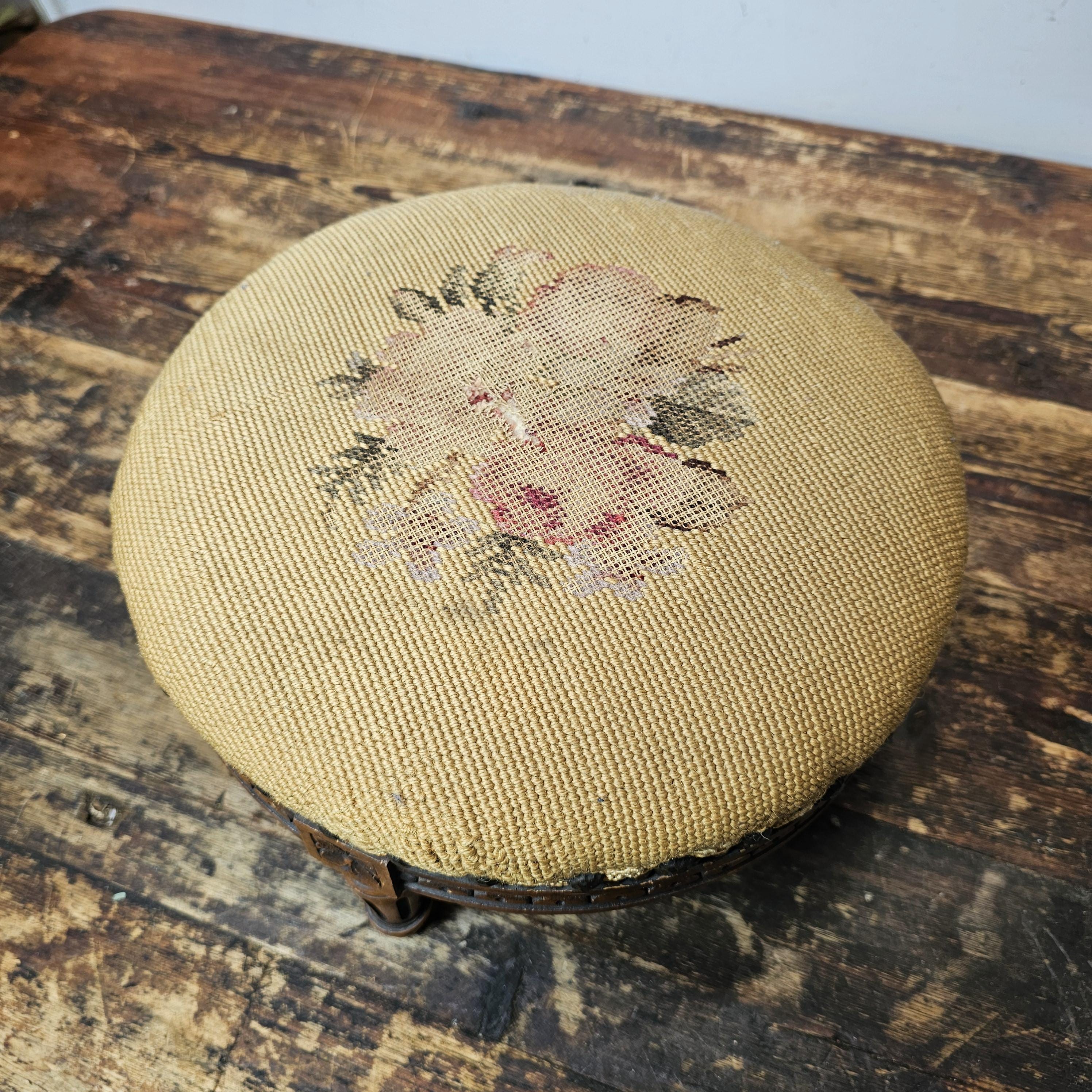 Antique French Petit Point Embroidered Footstool 11.5"Diam × 7.5"H