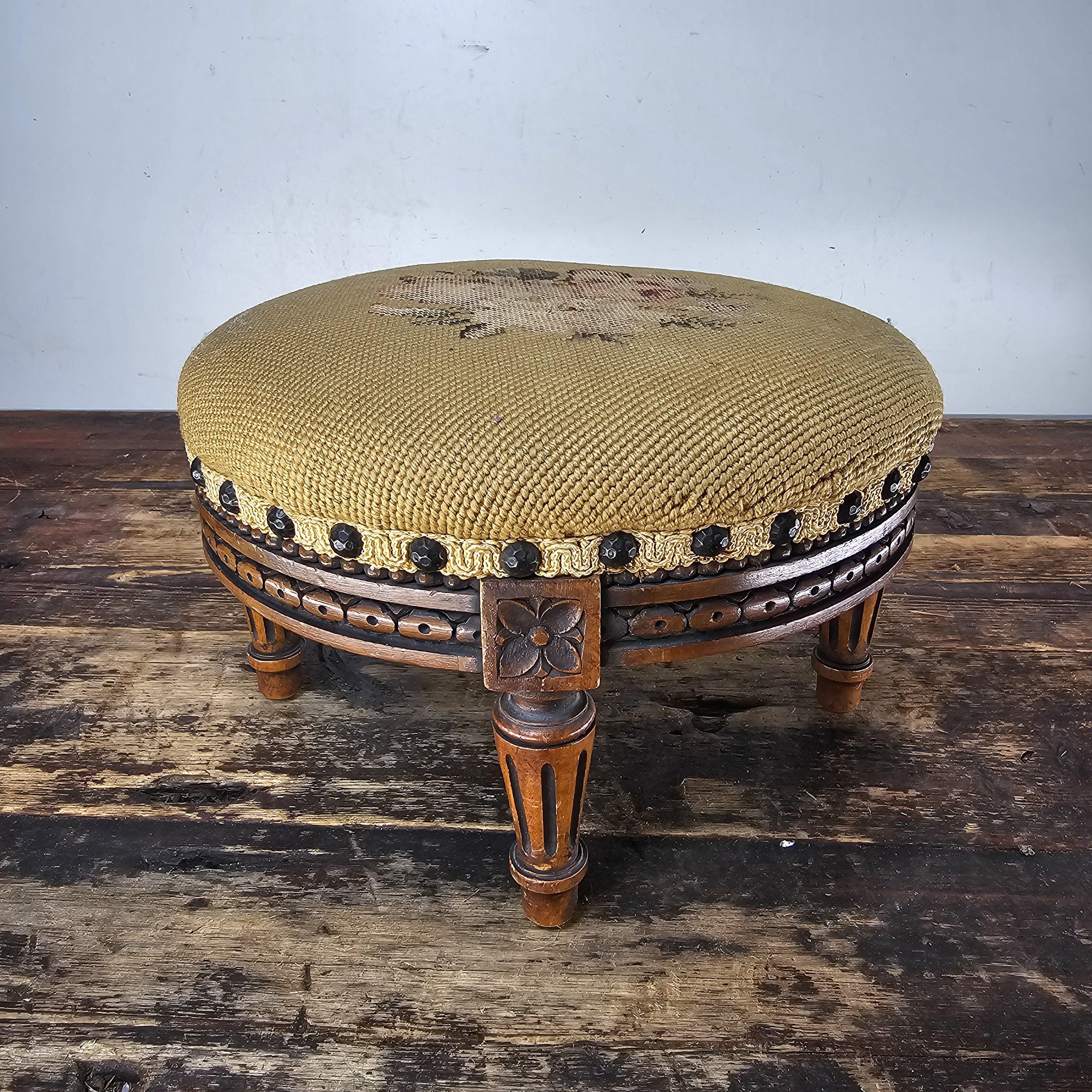 Antique French Petit Point Embroidered Footstool 11.5"Diam × 7.5"H