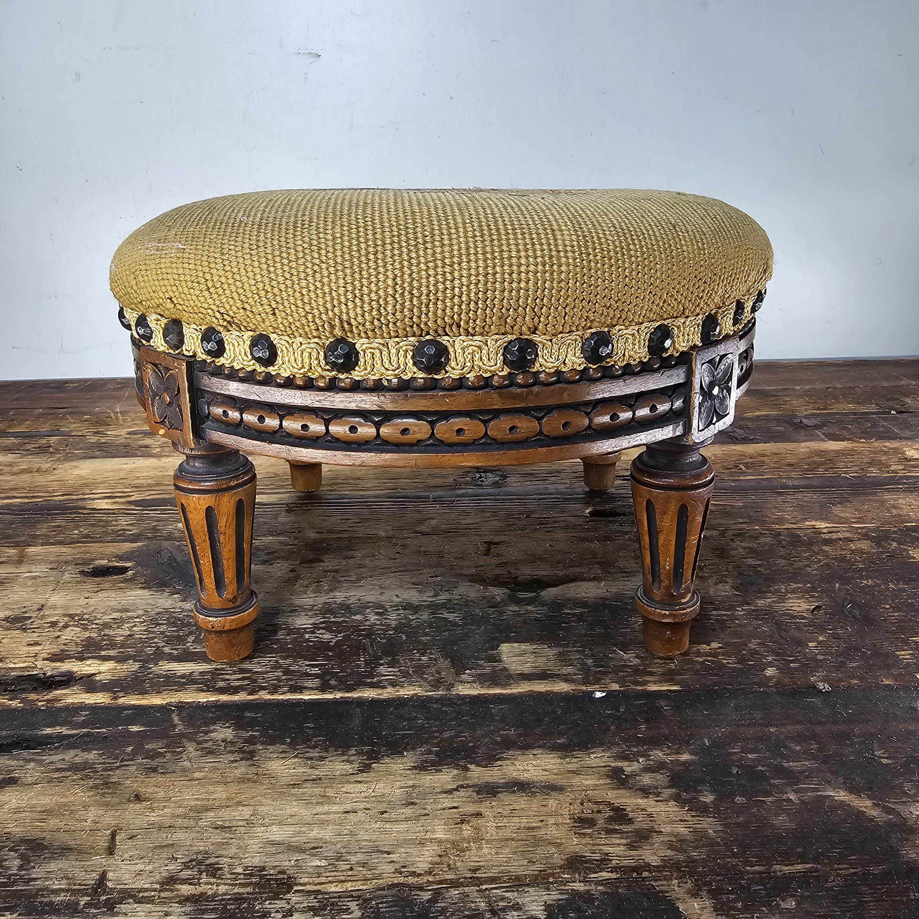Antique French Petit Point Embroidered Footstool 11.5"Diam × 7.5"H