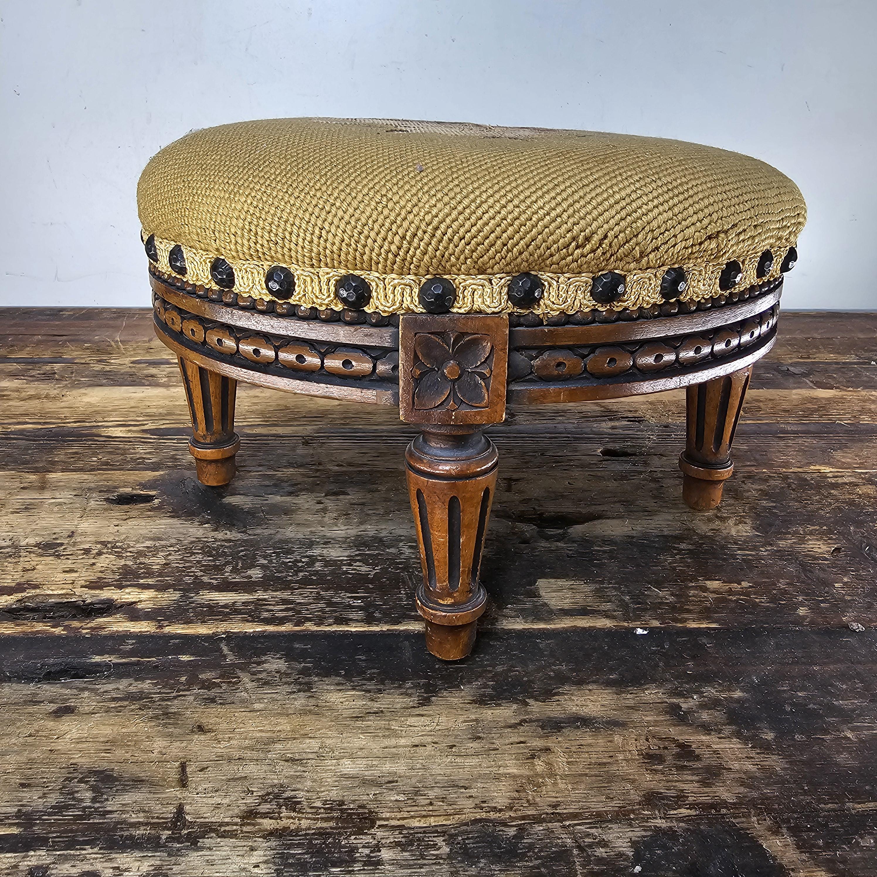 Antique French Petit Point Embroidered Footstool 11.5"Diam × 7.5"H