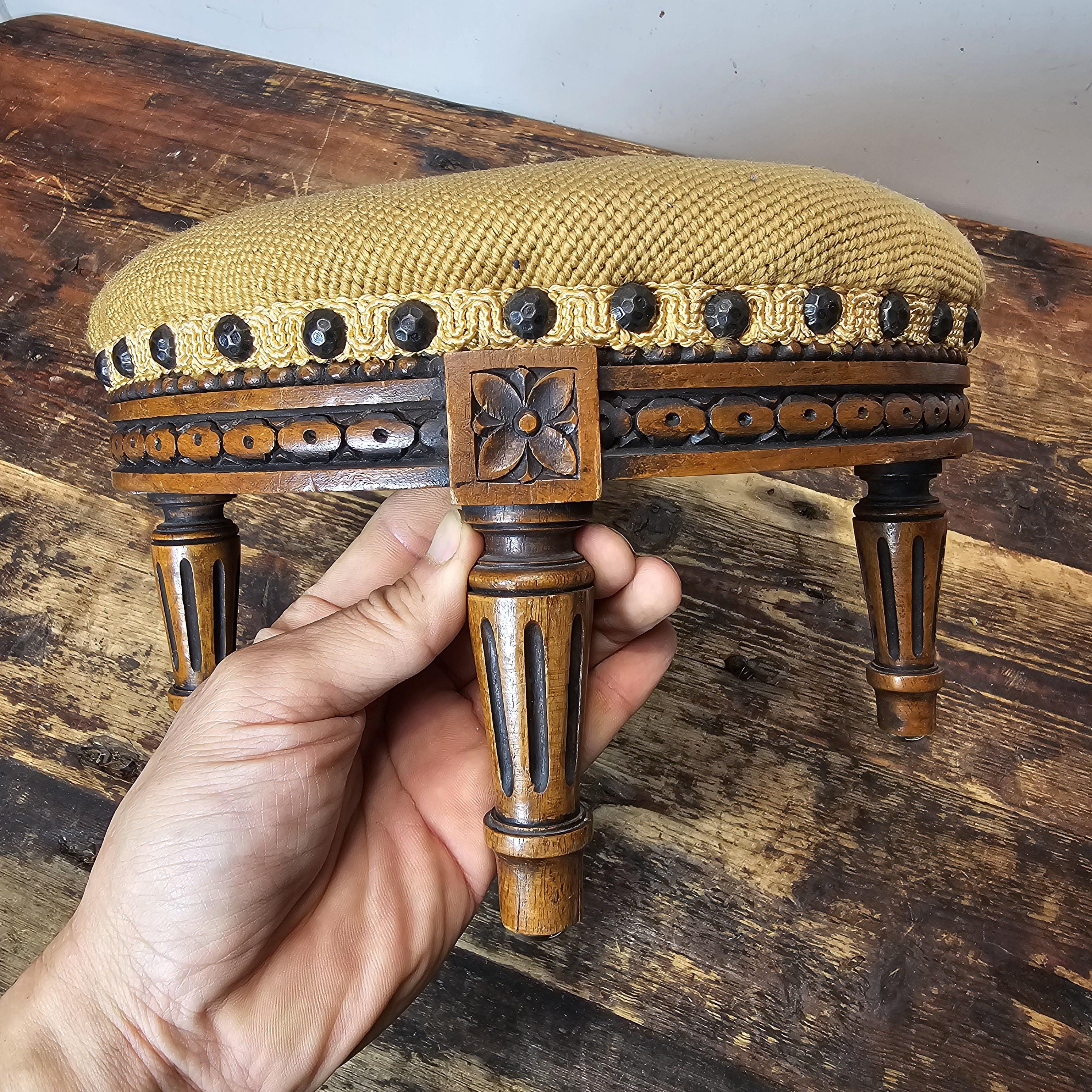 Antique French Petit Point Embroidered Footstool 11.5"Diam × 7.5"H