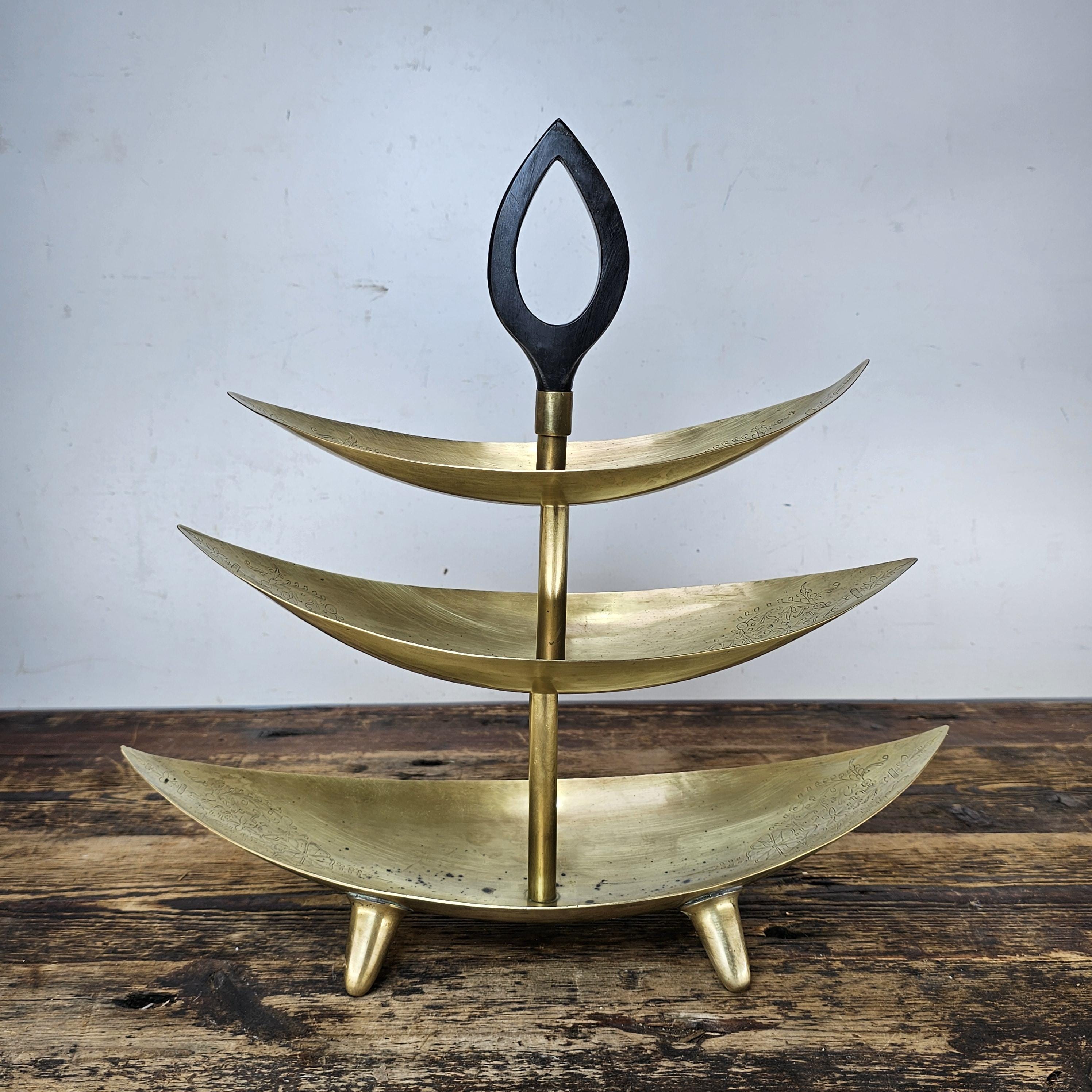 Mid-Century Modern Footed Brass 3 Tier Cake Stand with Wood Handle