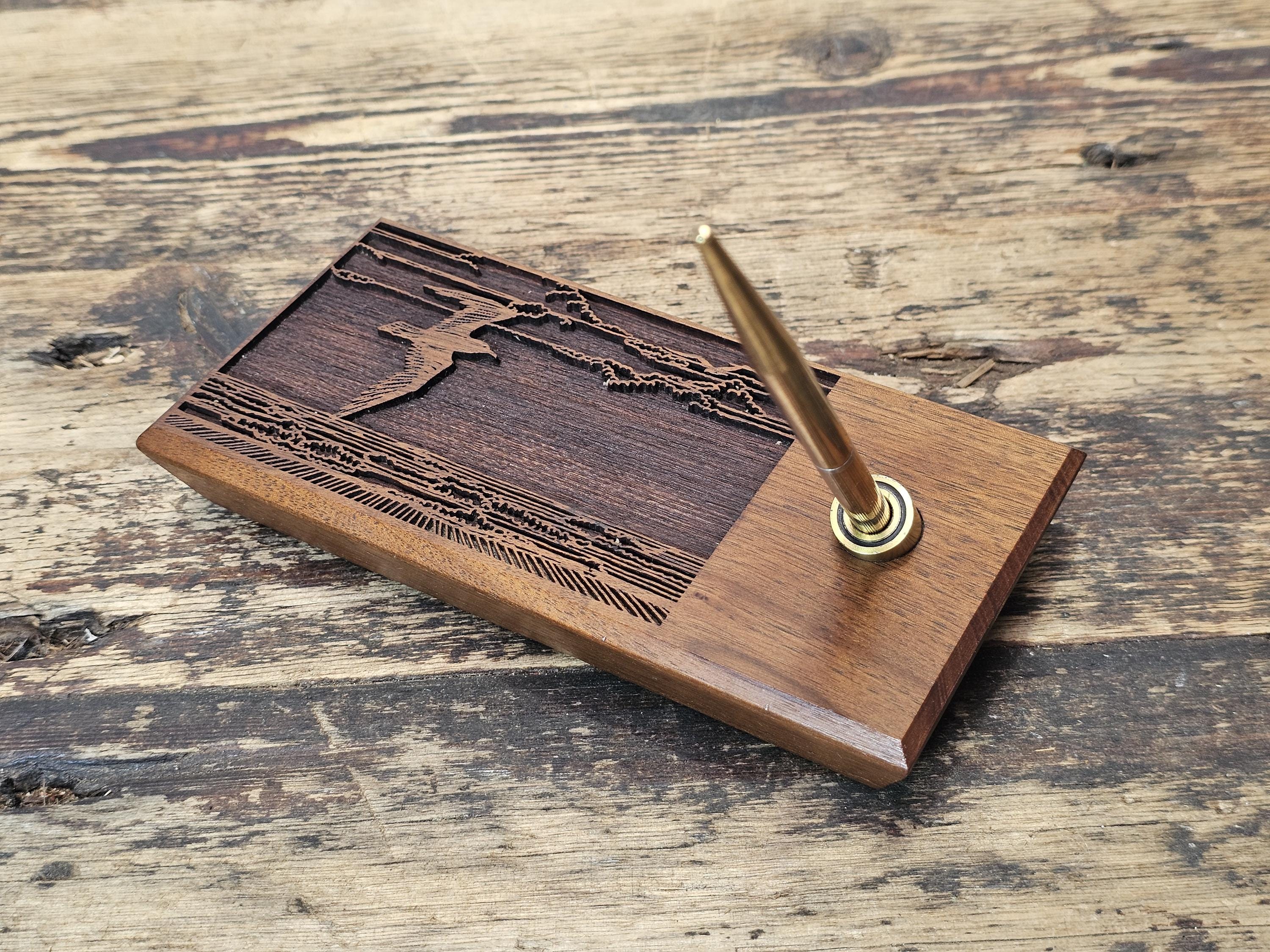Laser-Engraved American Walnut Seagull Pen Holder