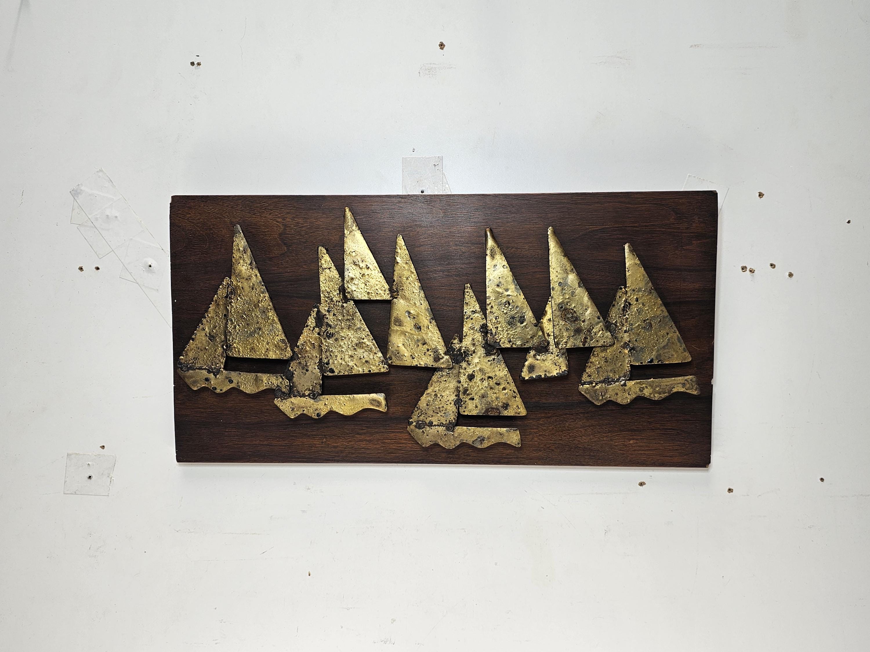 Peter Pepper Products Brass Sailboats Wall Sculpture (1960s) 23.5"L x 12"H