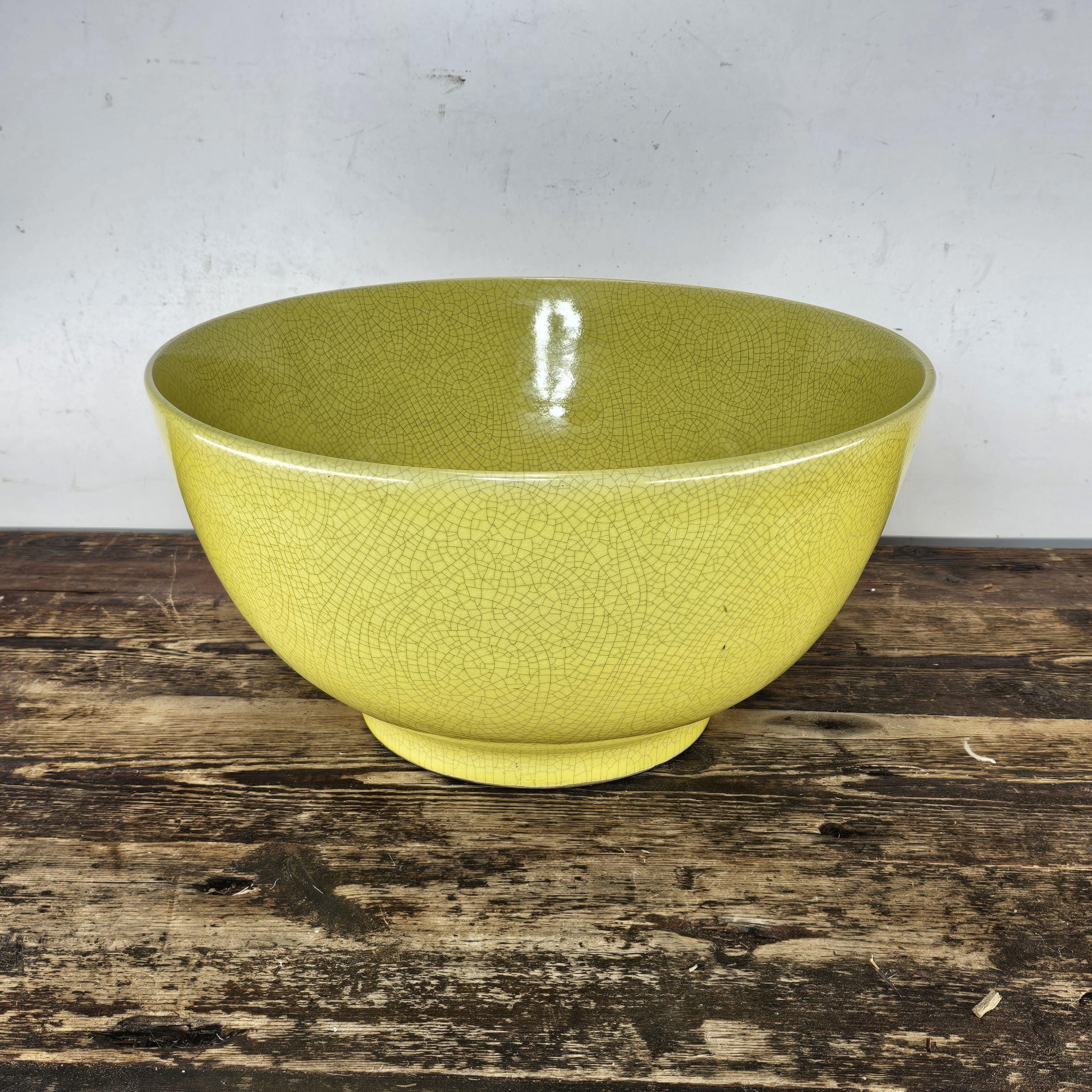 Handcrafted Large Yellow Crackle Glaze Ceramic Bowl 14.5"Diam x 7.5"H