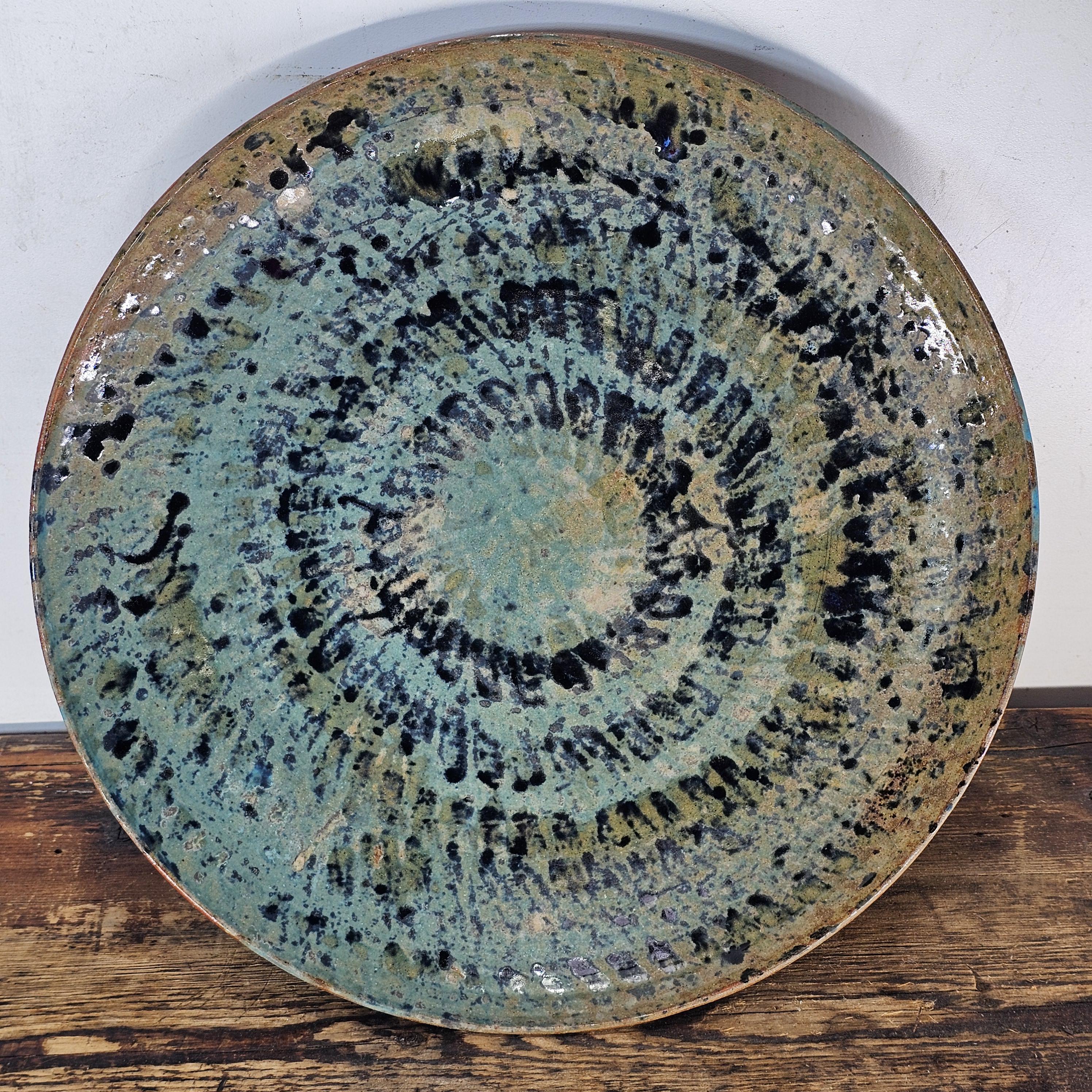 Studio Art Pottery Signed Shallow Dish Turquoise Starburst Glazed Plate 12.5"