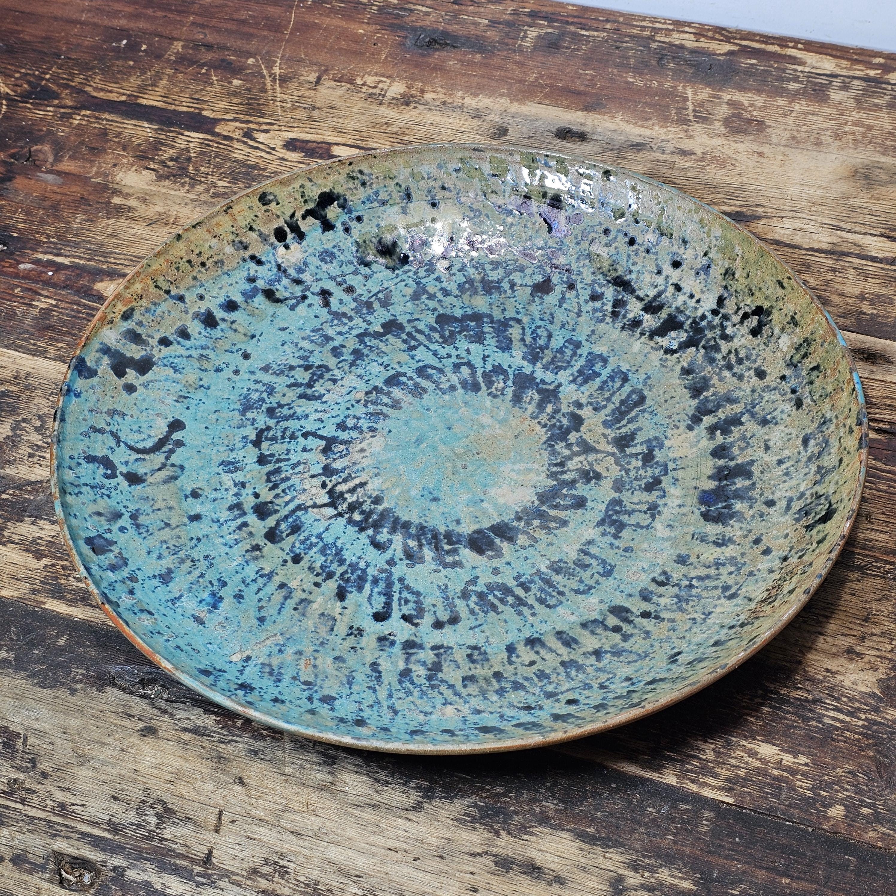 Studio Art Pottery Signed Shallow Dish Turquoise Starburst Glazed Plate 12.5"