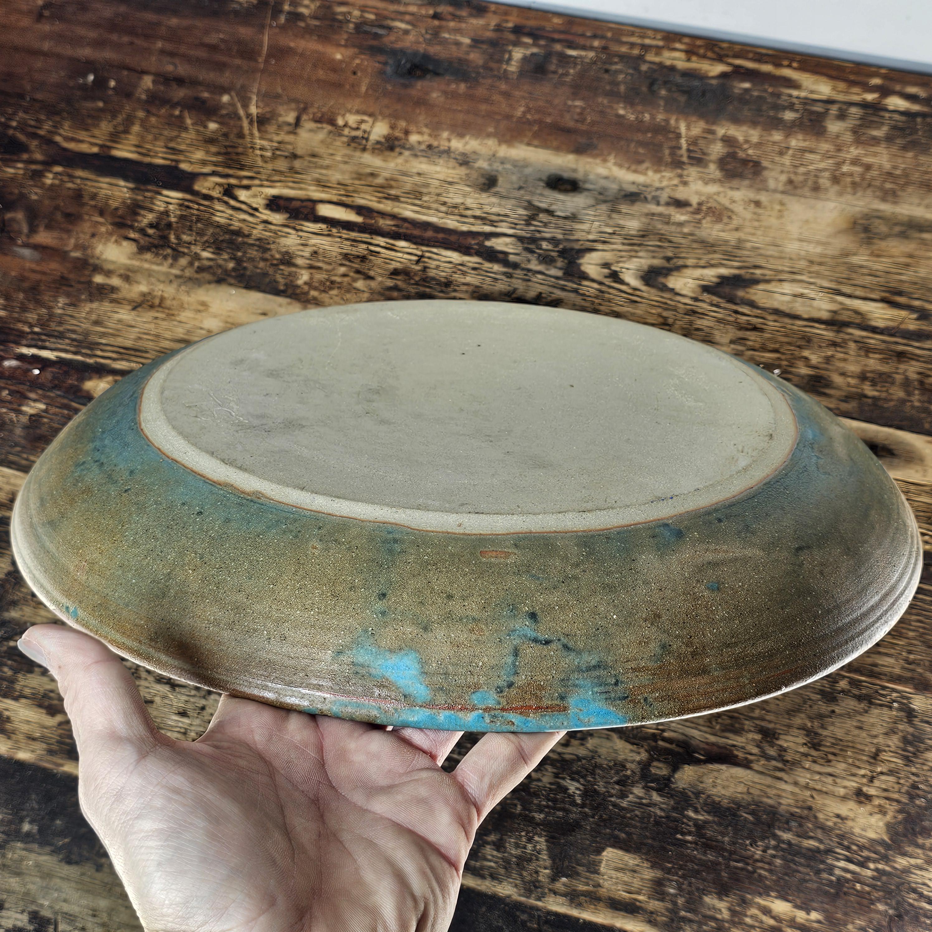 Studio Art Pottery Signed Shallow Dish Turquoise Starburst Glazed Plate 12.5"