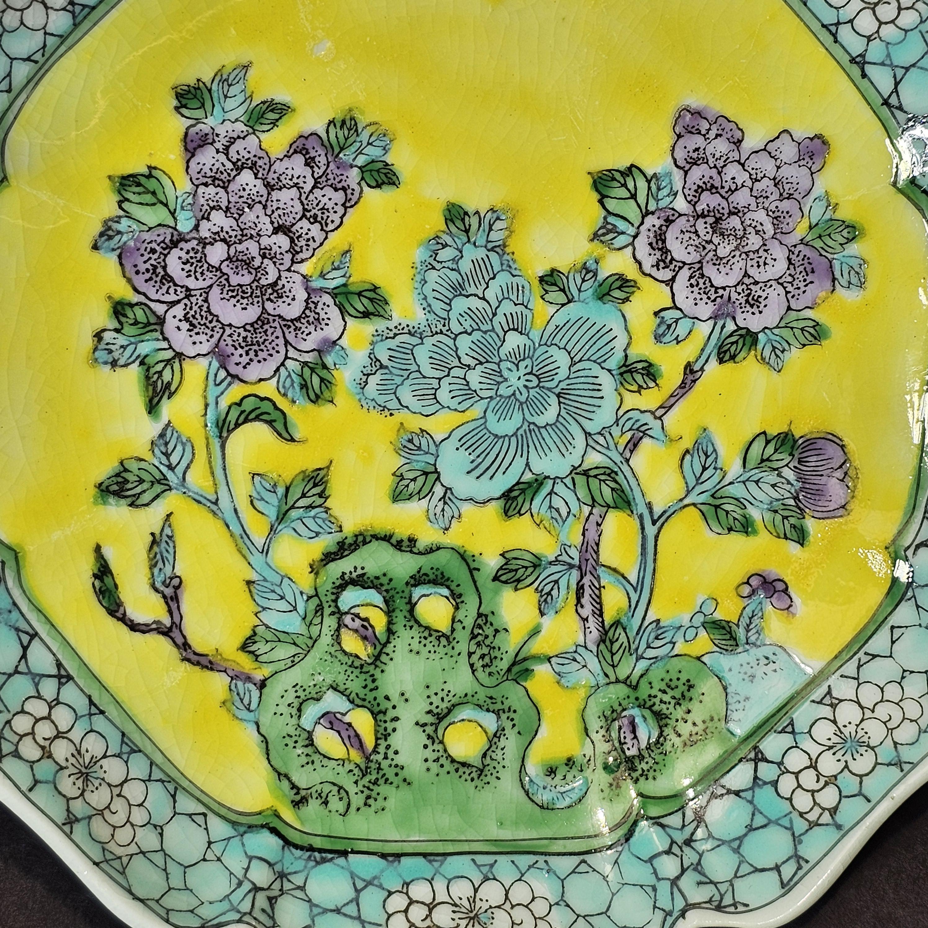 Vintage Hong Kong Hand-Painted Floral Octagonal Ashtray 6.25" x 6.25"