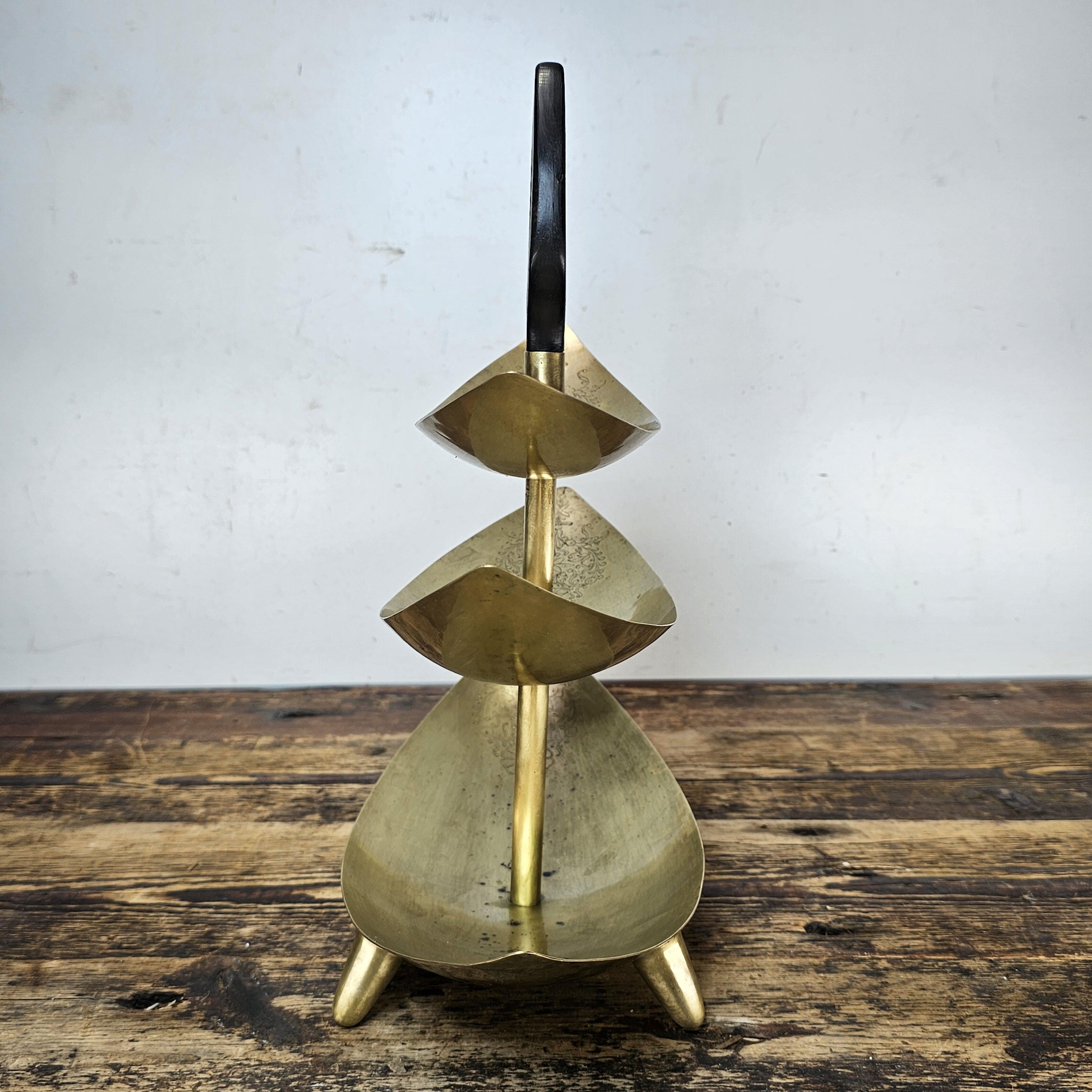 Mid-Century Modern Footed Brass 3 Tier Cake Stand with Wood Handle