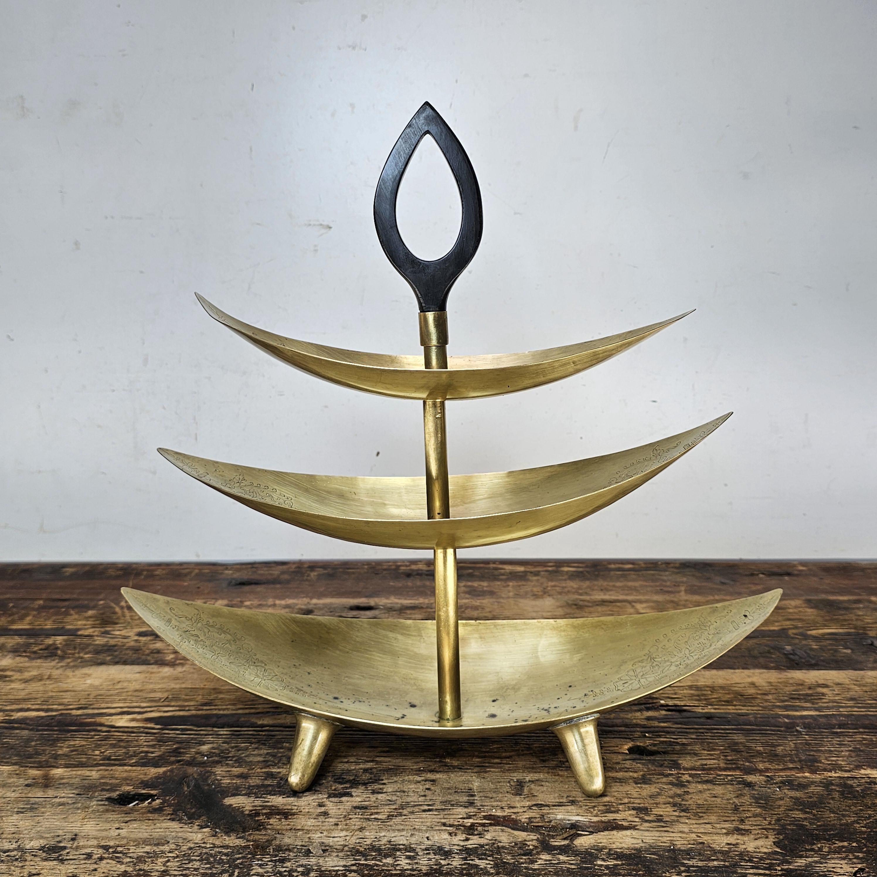 Mid-Century Modern Footed Brass 3 Tier Cake Stand with Wood Handle