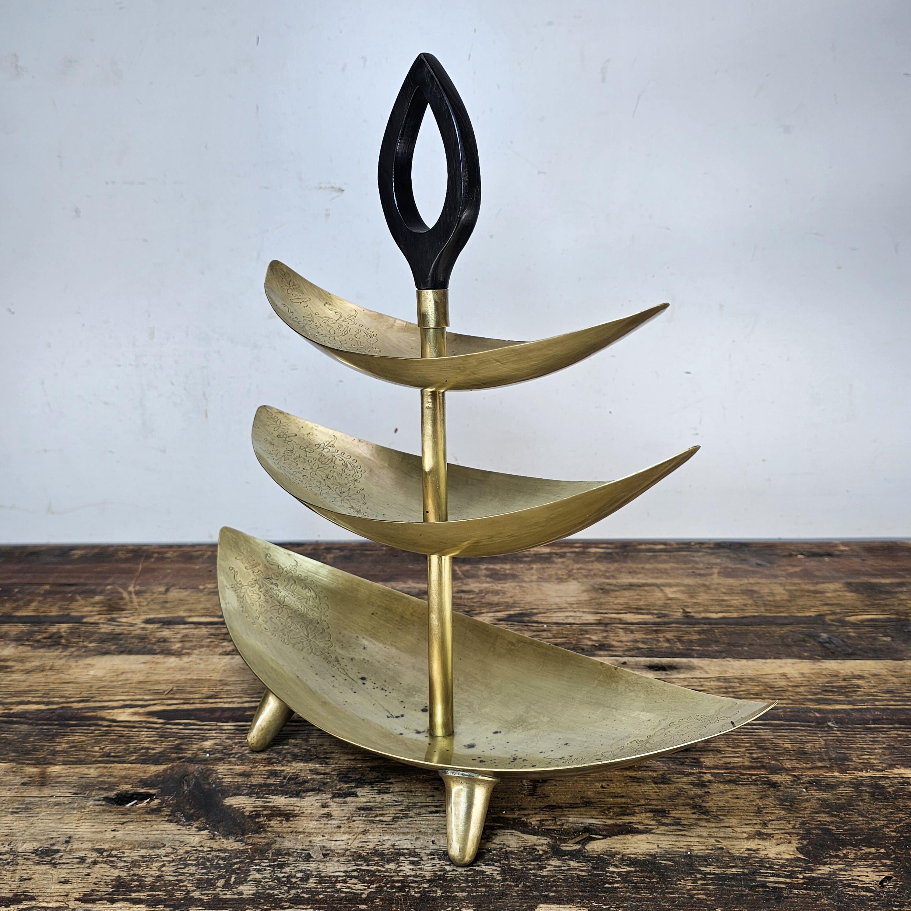 Mid-Century Modern Footed Brass 3 Tier Cake Stand with Wood Handle